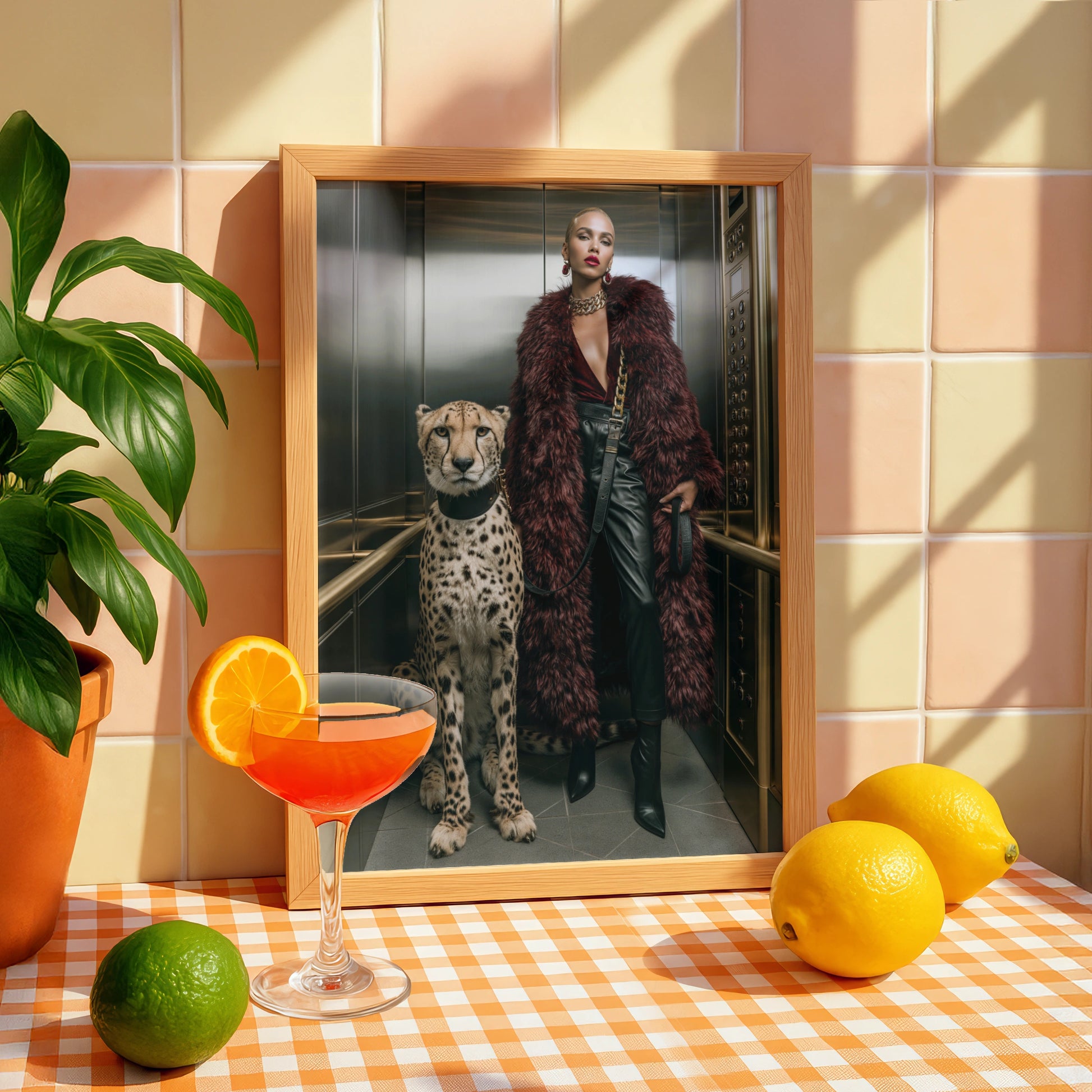 Cheetah Woman Lift Poster, Luxury Fashion Wall Art, Bold Glamour Print
