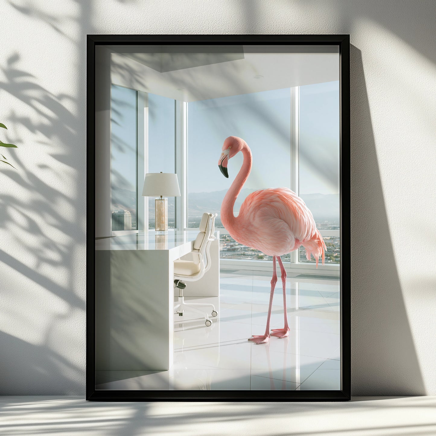 Flamingo in Office Wall Art Poster, Surreal Pink Bird, Modern Minimalist Print