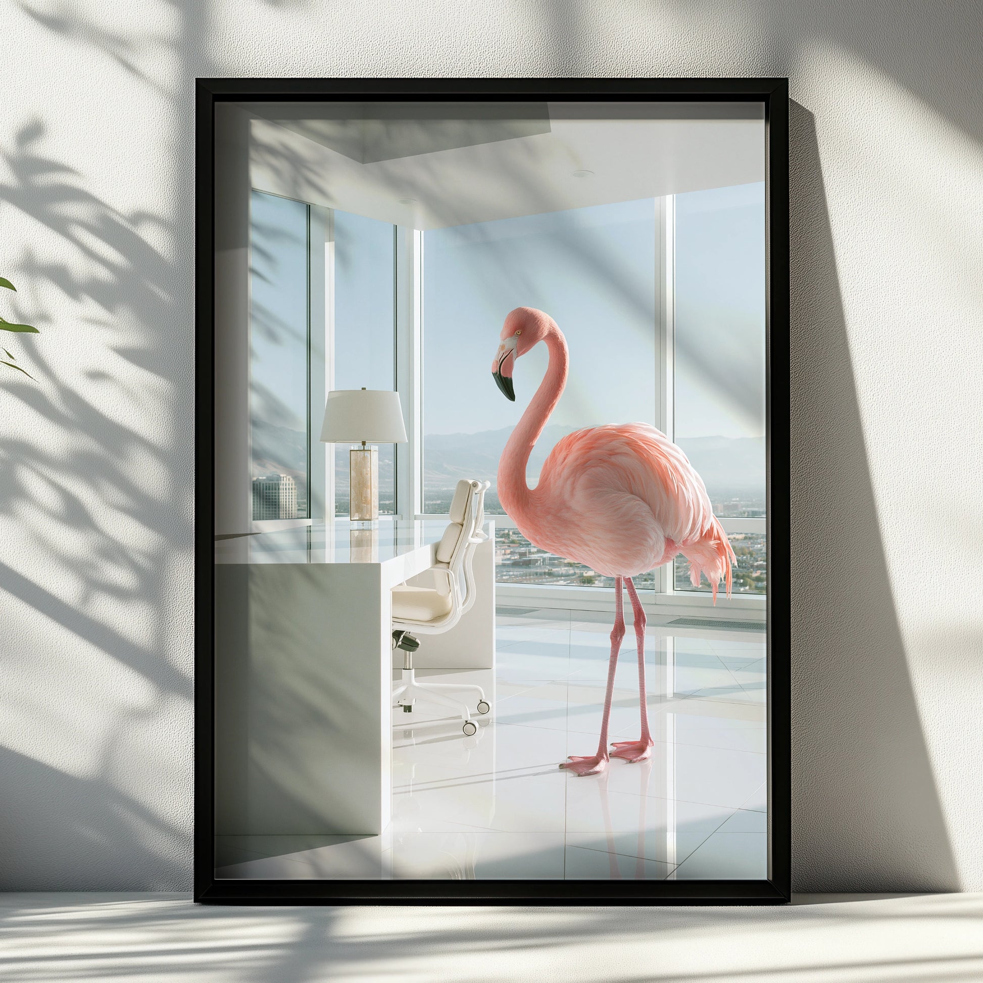 Flamingo in Office Wall Art Poster, Surreal Pink Bird, Modern Minimalist Print