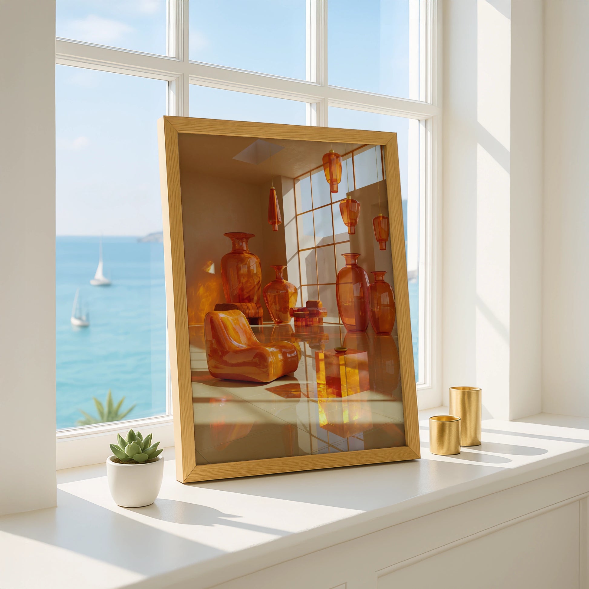 Orange Glass Room Interior Art Poster, Modern 3D Surreal Print