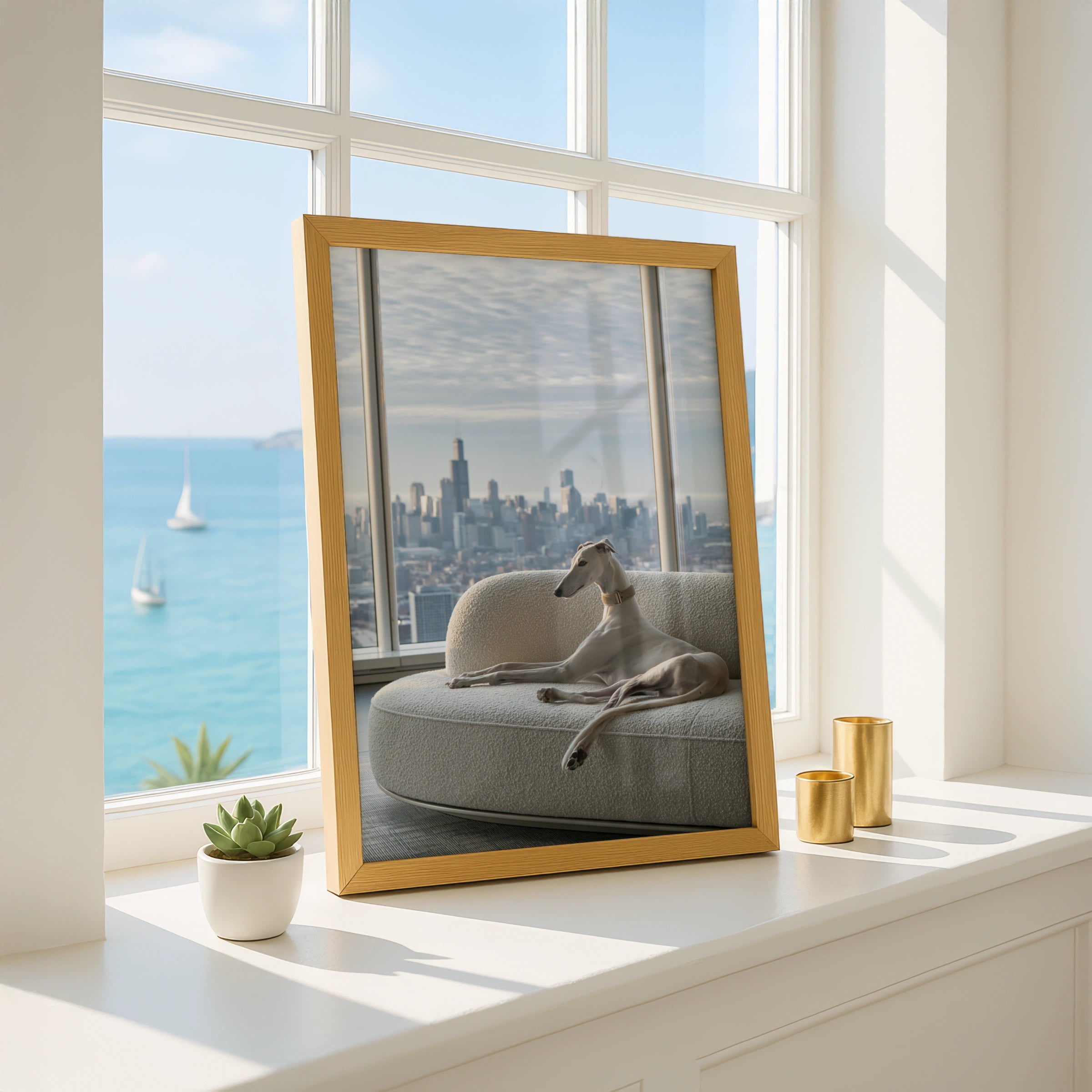 Greyhound on Sofa Chicago Skyline Poster, Elegant Dog Wall Art Print