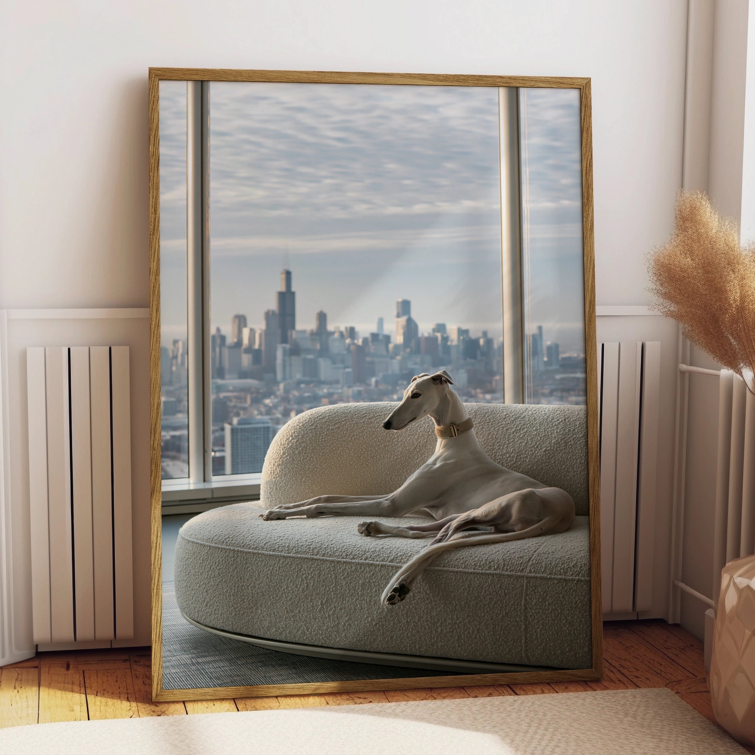 Greyhound on Sofa Chicago Skyline Poster, Elegant Dog Wall Art Print