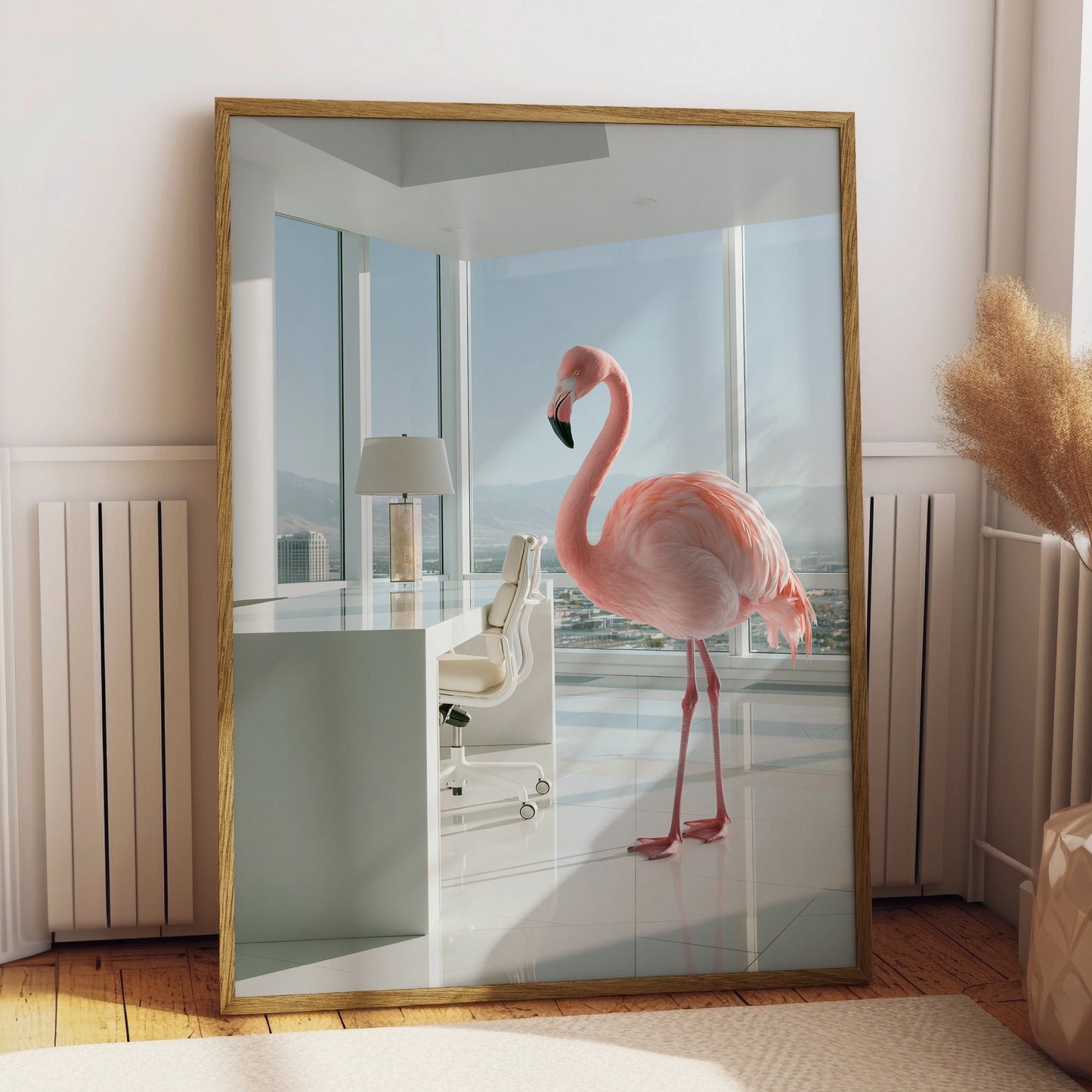Flamingo in Office Wall Art Poster, Surreal Pink Bird, Modern Minimalist Print