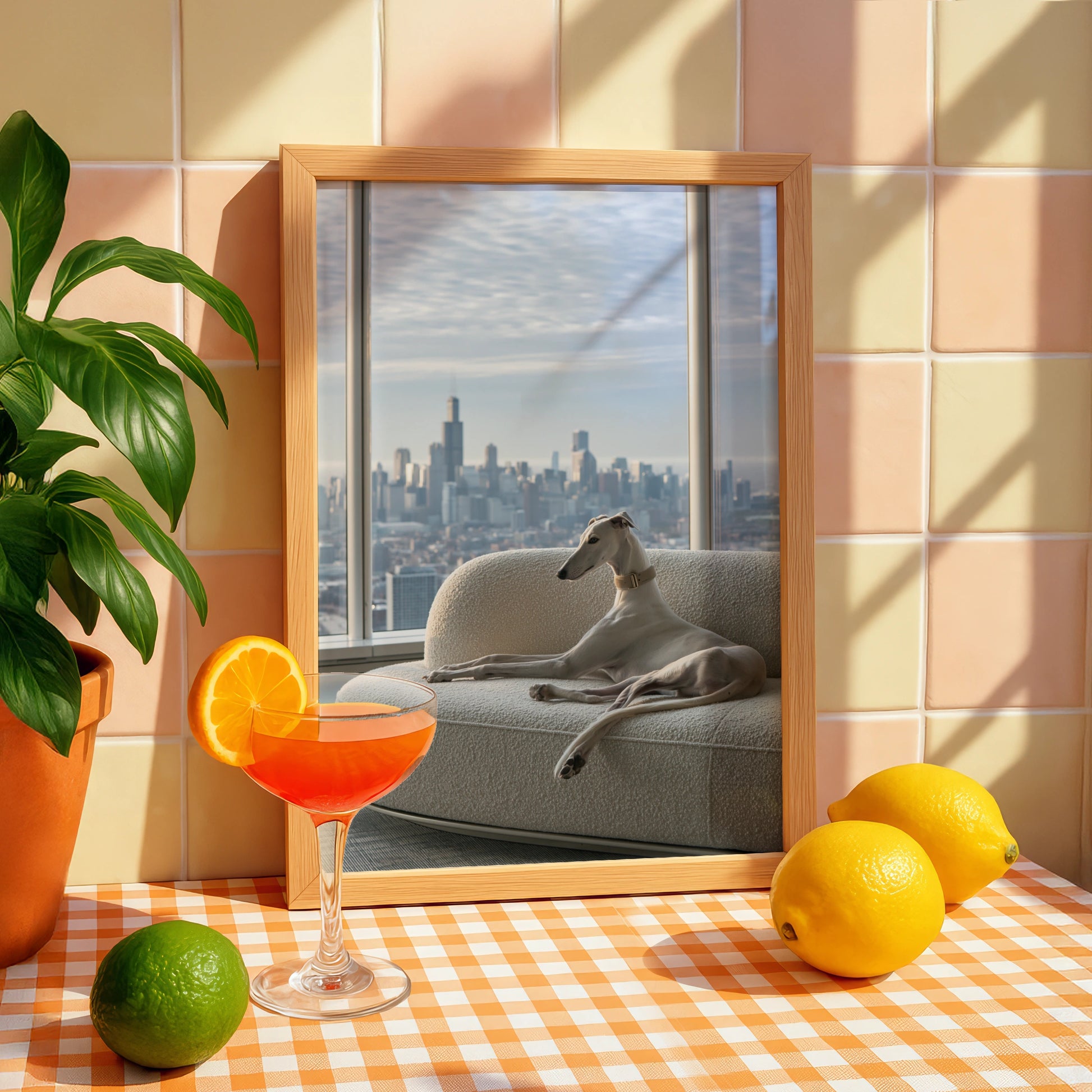 Greyhound on Sofa Chicago Skyline Poster, Elegant Dog Wall Art Print