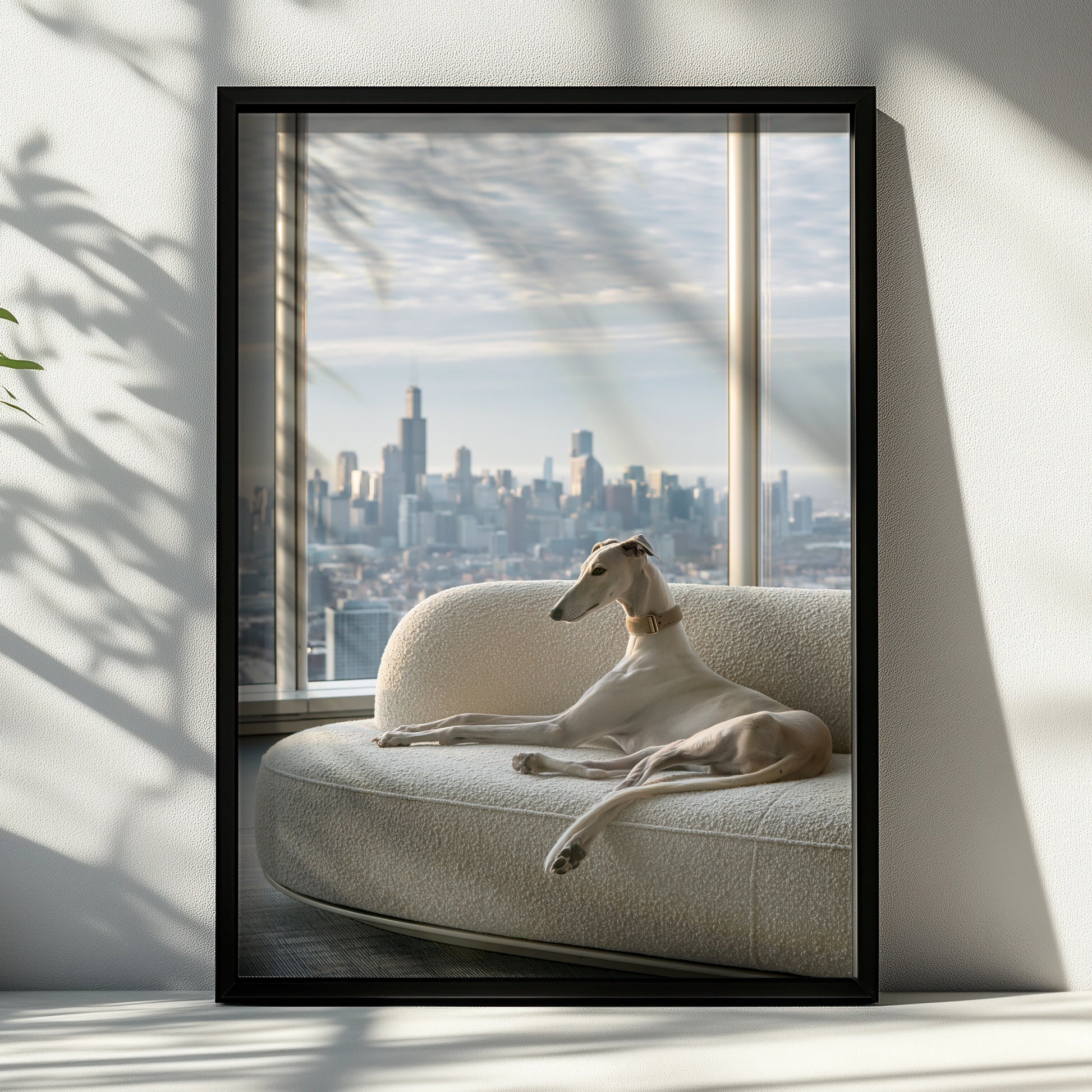Greyhound on Sofa Chicago Skyline Poster, Elegant Dog Wall Art Print