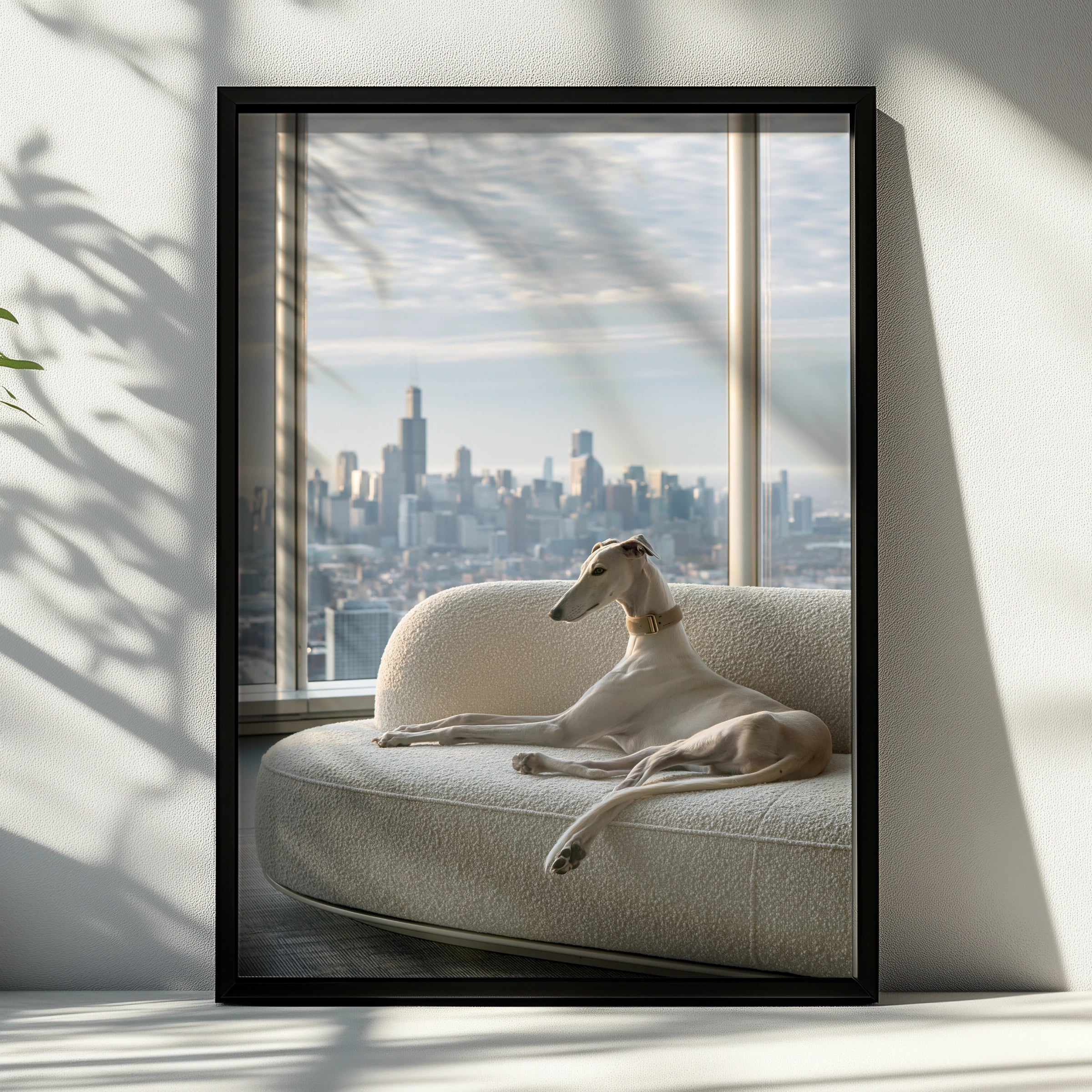 Greyhound on Sofa Chicago Skyline Poster, Elegant Dog Wall Art Print