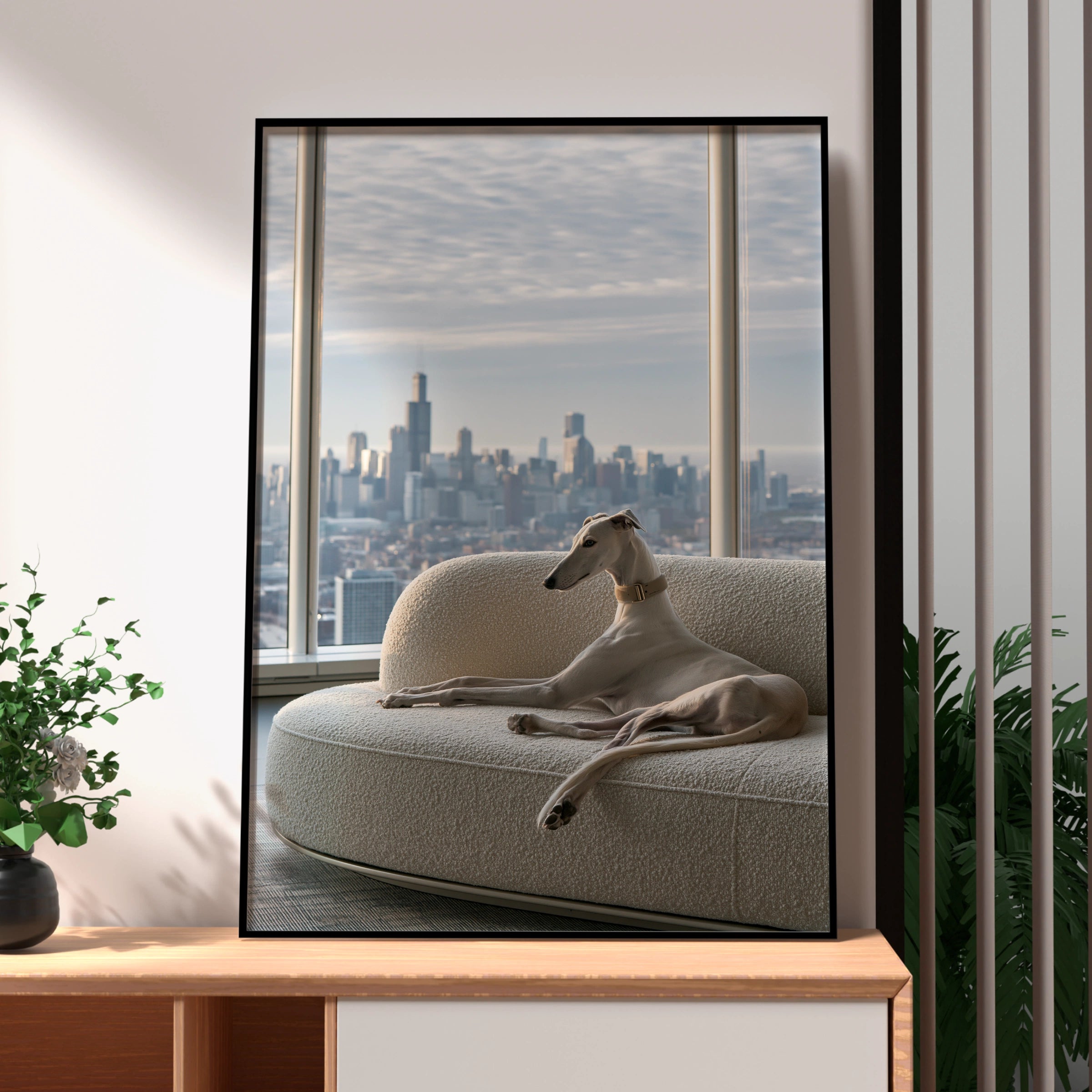 Greyhound on Sofa Chicago Skyline Poster, Elegant Dog Wall Art Print