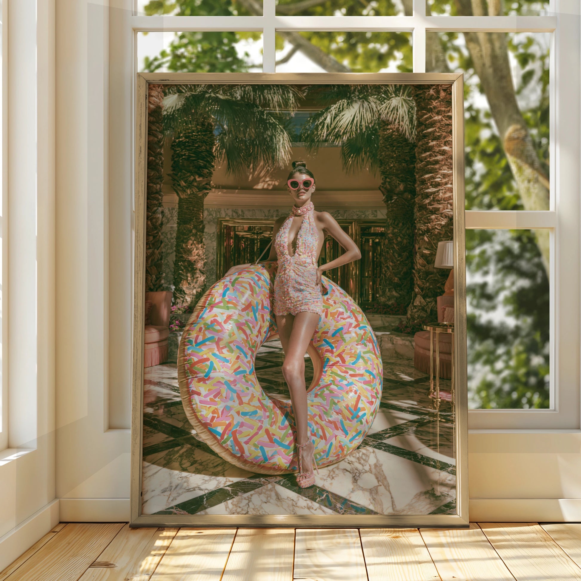 Glamour Woman Donut Float Hotel Lobby Poster, Luxury Fashion Wall Art