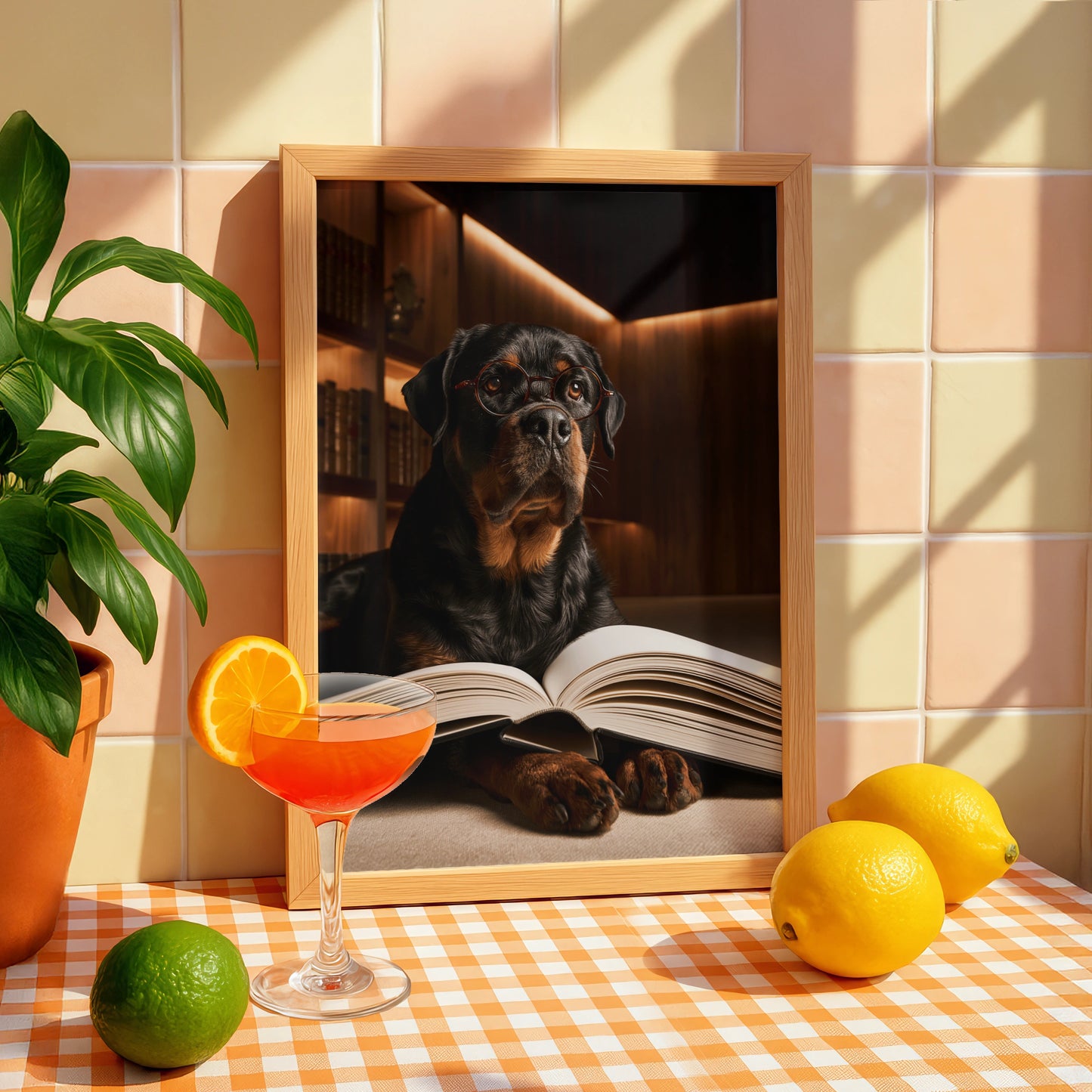 Rottweiler Reading a Book Wall Art Poster, Funny Dog Library Print