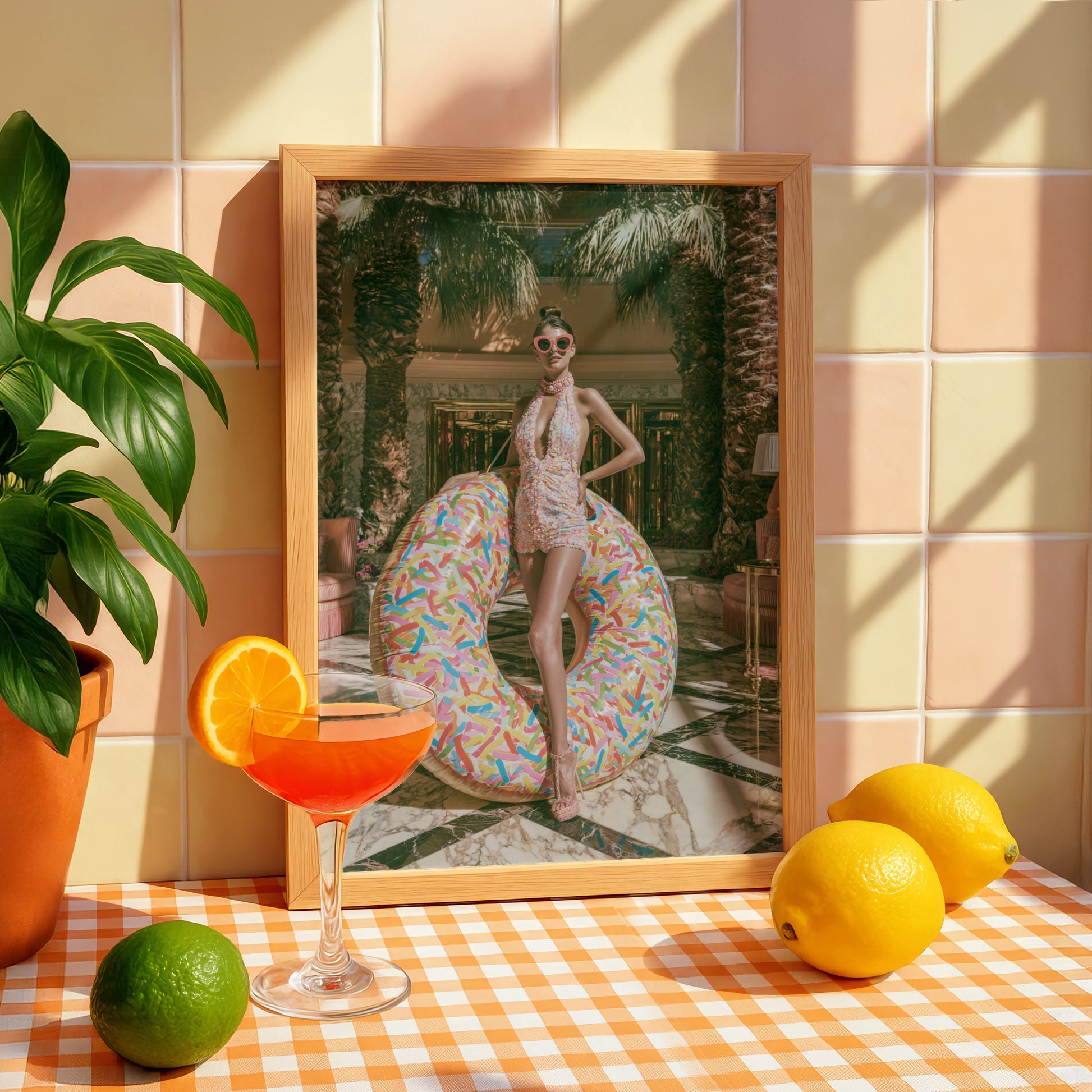 Glamour Woman Donut Float Hotel Lobby Poster, Luxury Fashion Wall Art