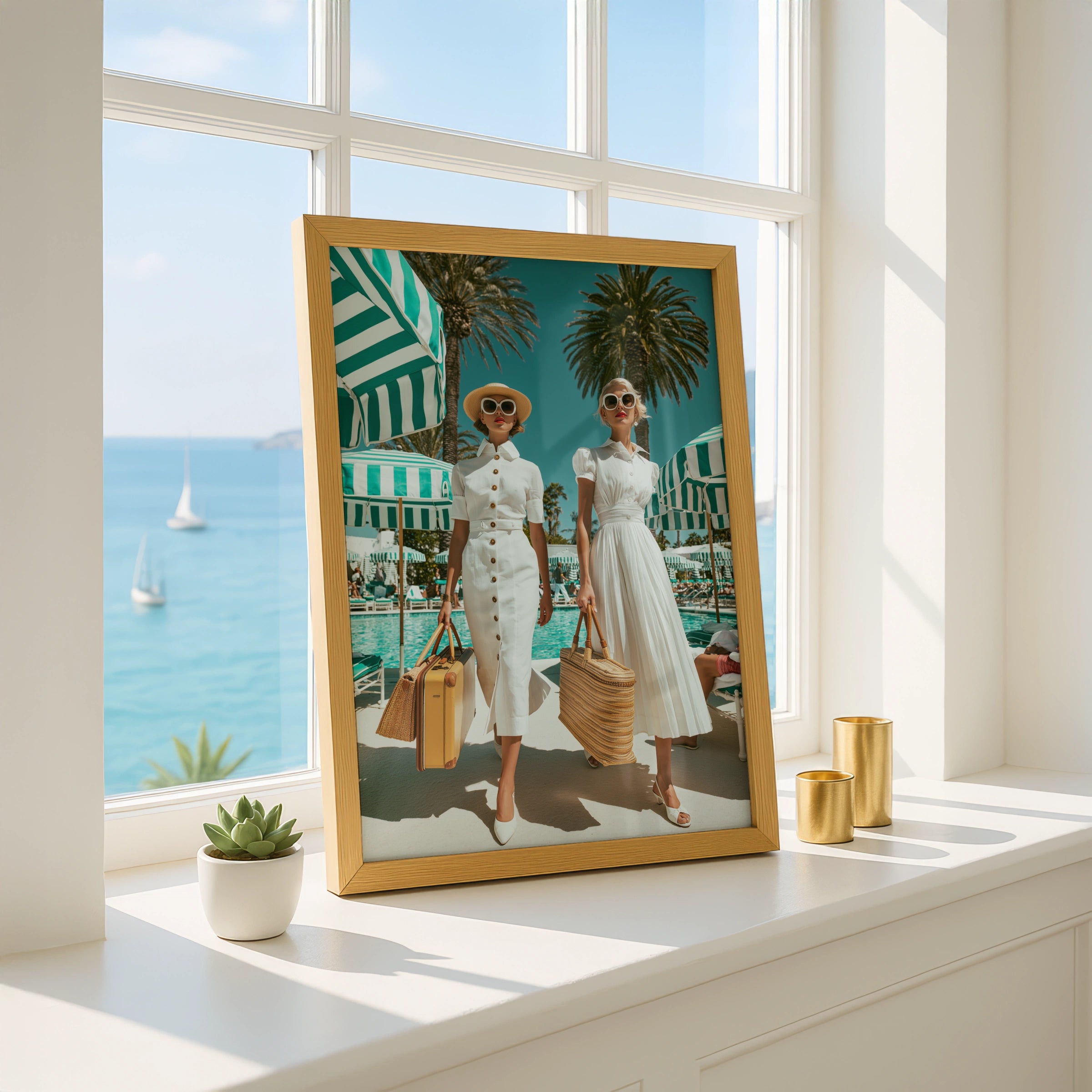 Women by Hotel Pool, Retro Fashion Poster, Vintage Summer Art Print