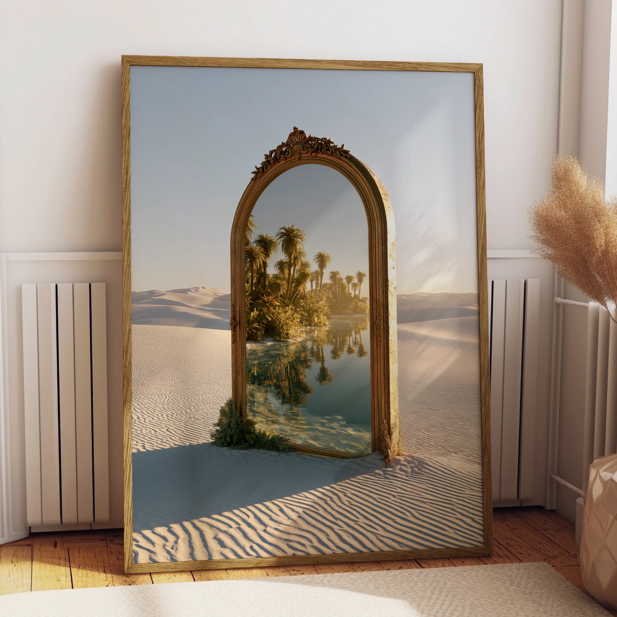 Desert Oasis Mirror Poster, Surreal Palm Tree Sand Dune Wall Art Print