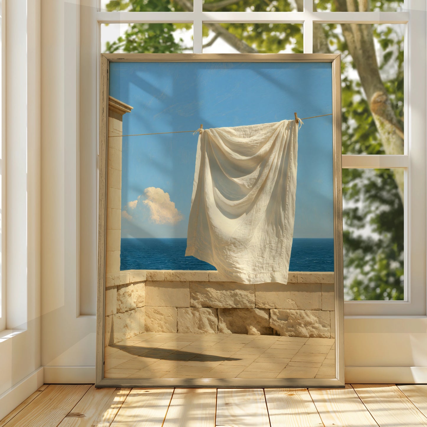 Mediterranean Laundry Sea View Poster, White Linen Coastal Wall Art Print
