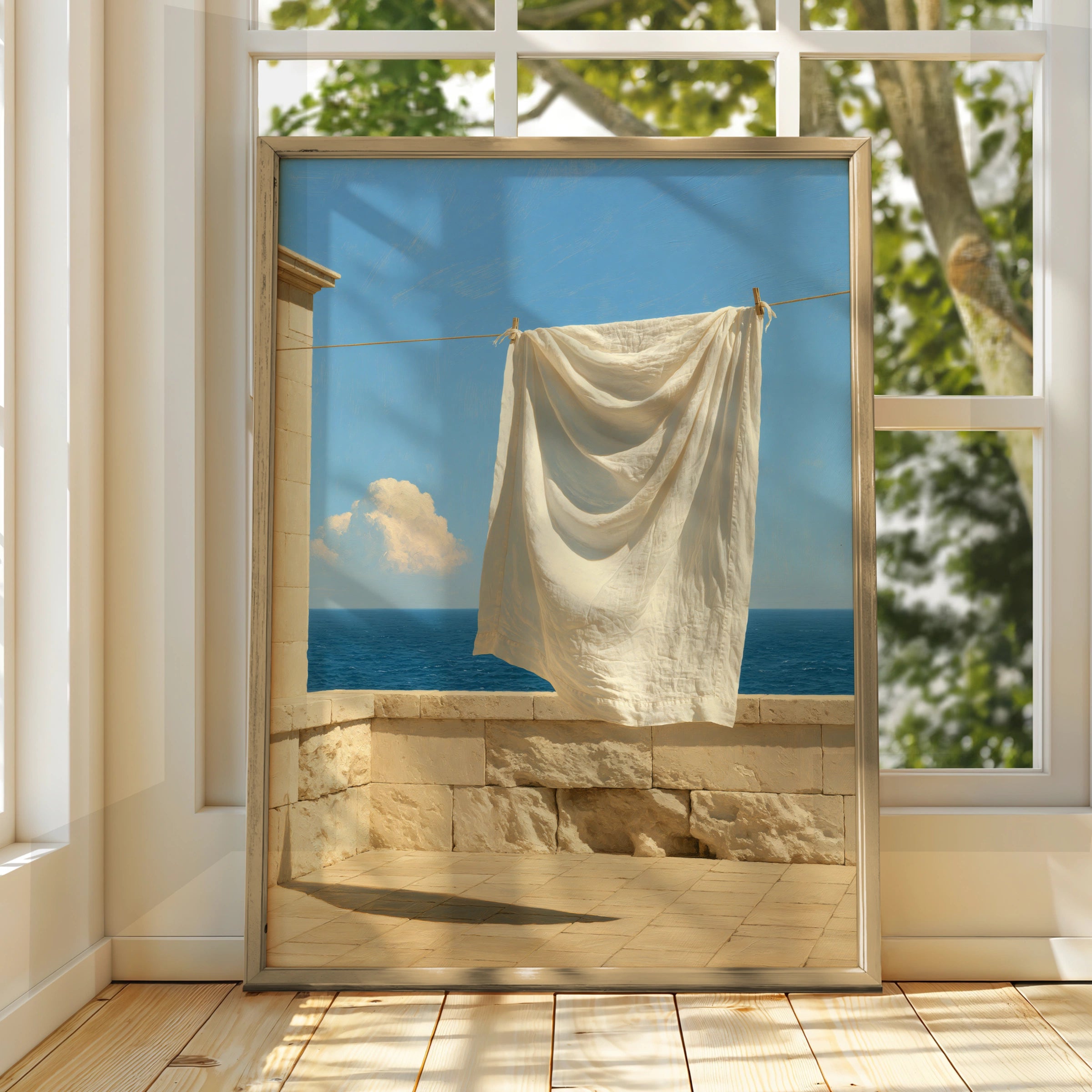 Mediterranean Laundry Sea View Poster, White Linen Coastal Wall Art Print