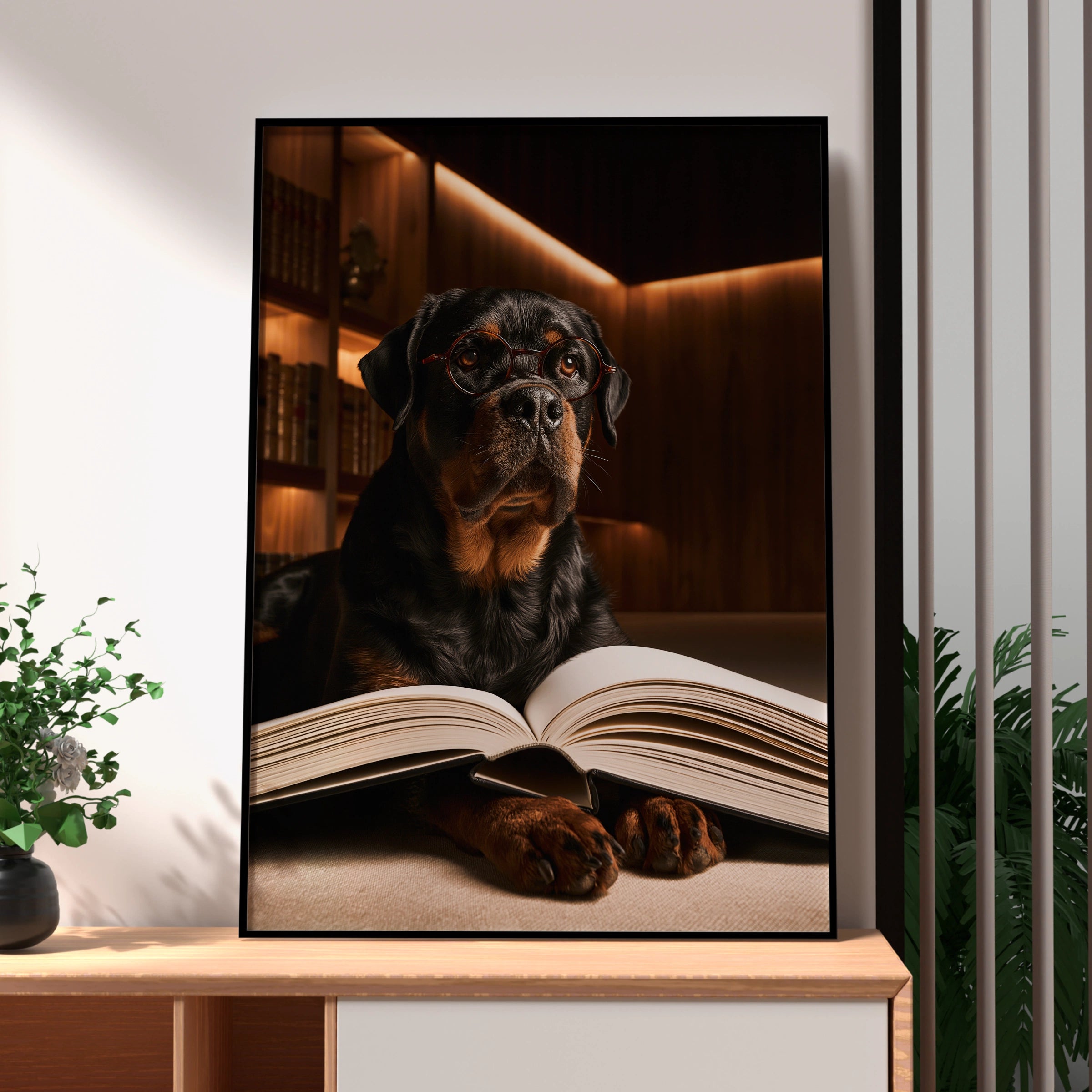 Rottweiler Reading a Book Wall Art Poster, Funny Dog Library Print