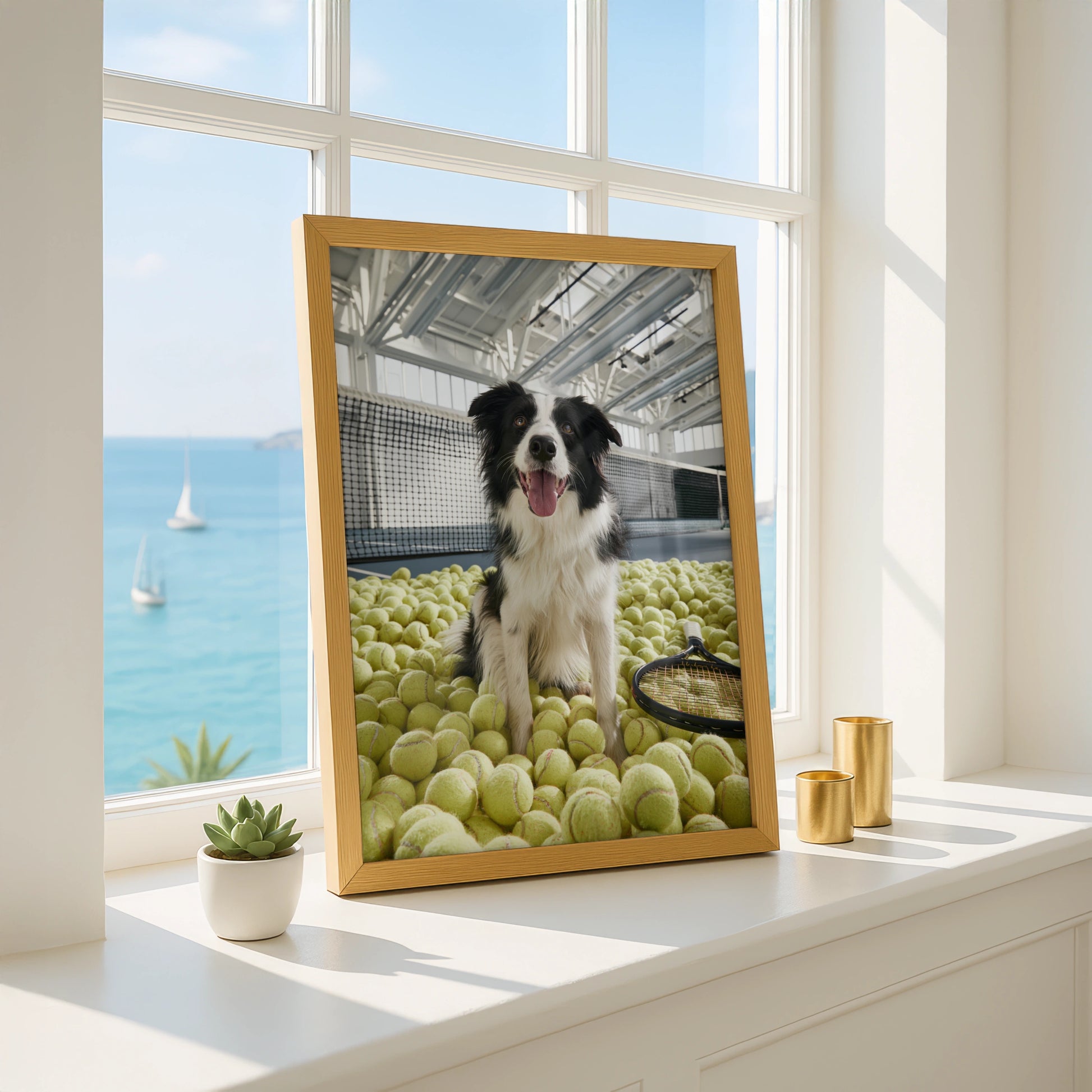 Border Collie Tennis Court Poster, Dog with Tennis Balls, Funny Pet Wall Art