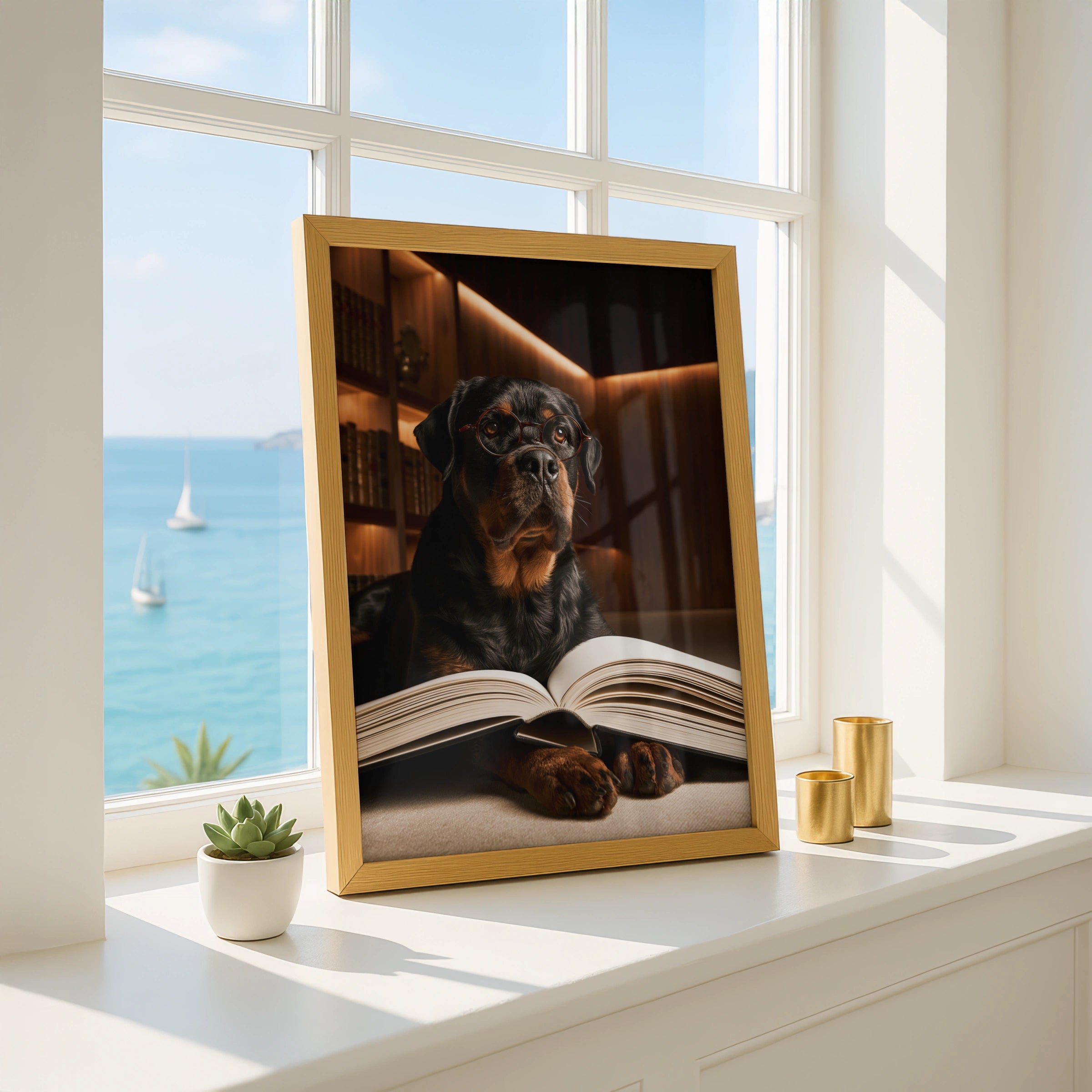 Rottweiler Reading a Book Wall Art Poster, Funny Dog Library Print