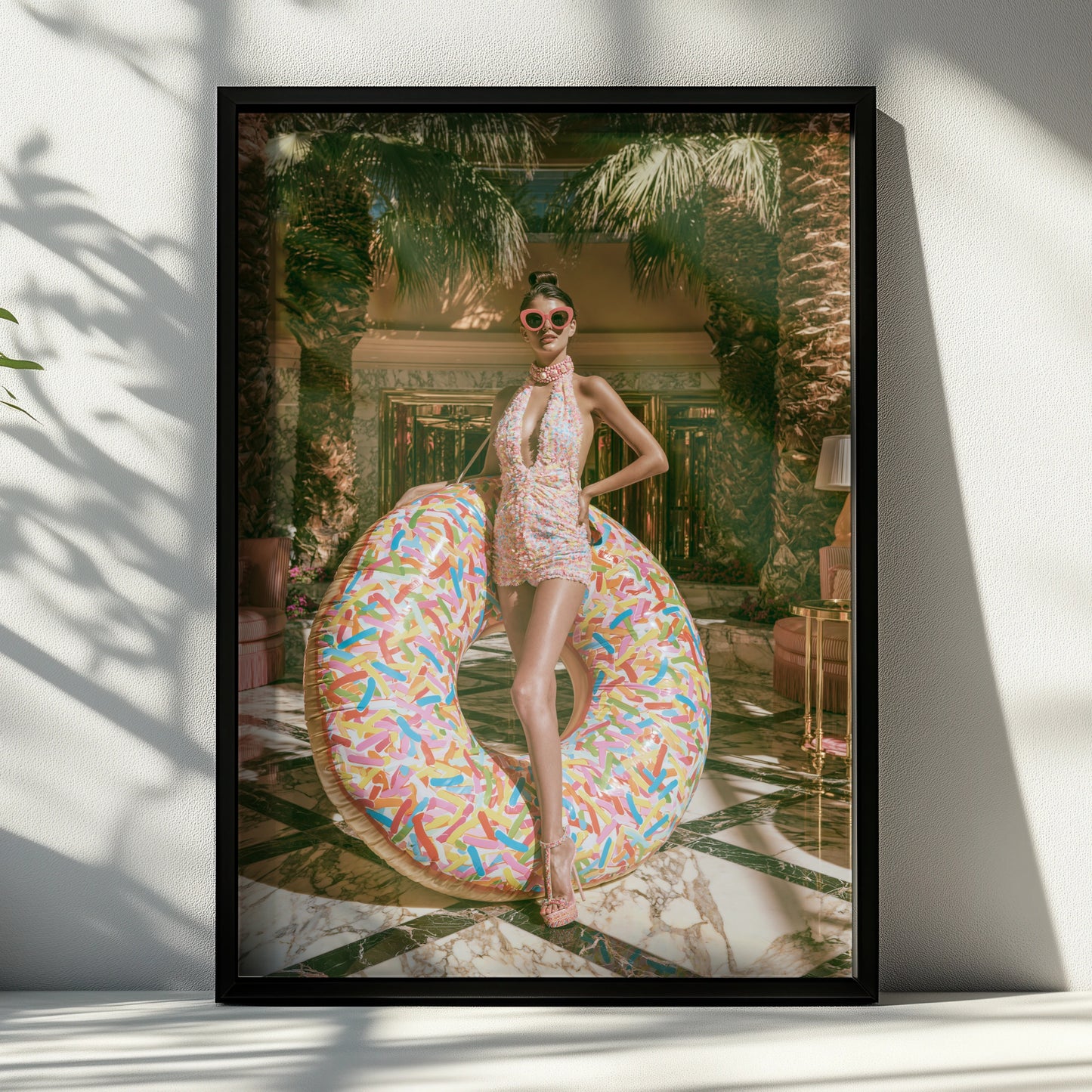 Glamour Woman Donut Float Hotel Lobby Poster, Luxury Fashion Wall Art