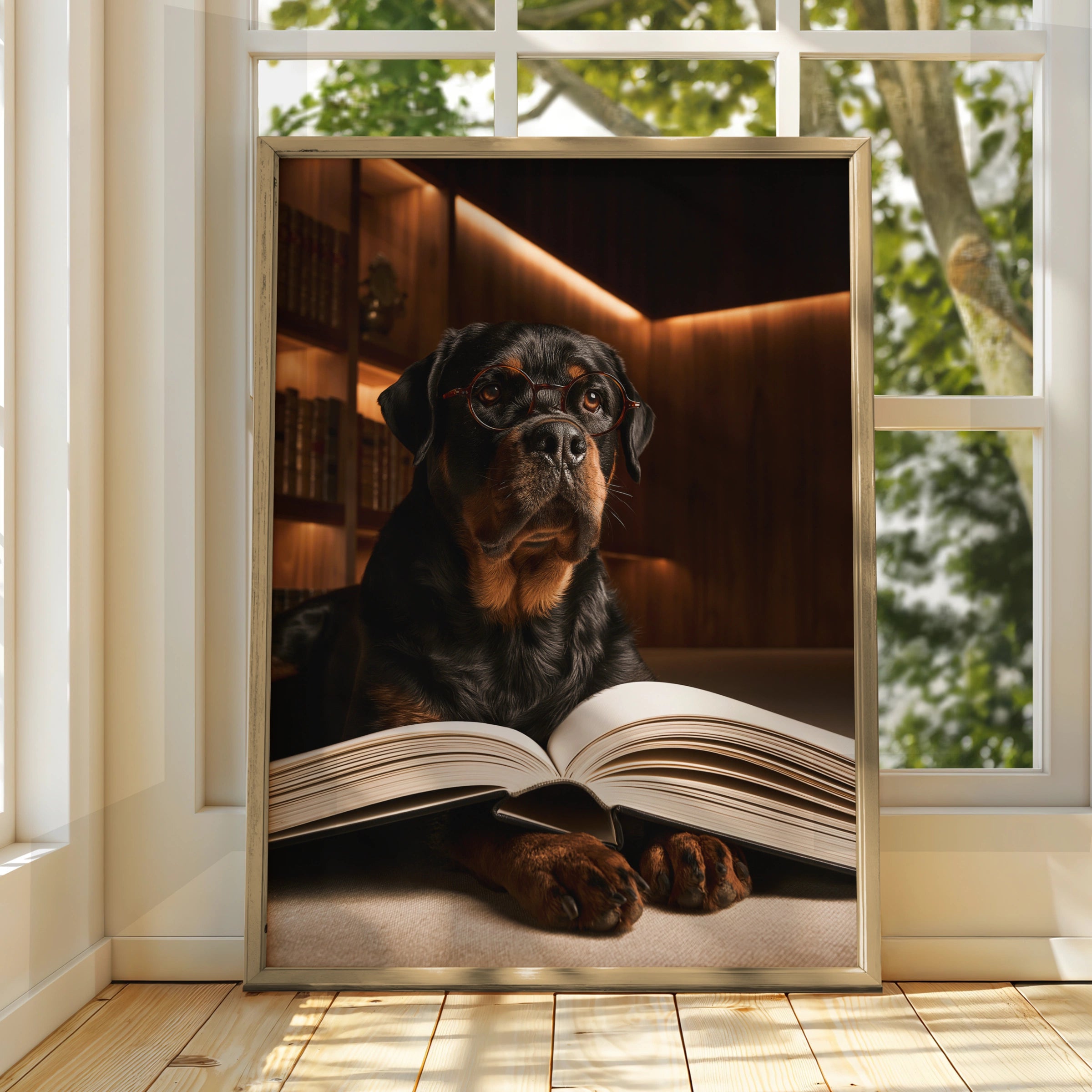 Rottweiler Reading a Book Wall Art Poster, Funny Dog Library Print