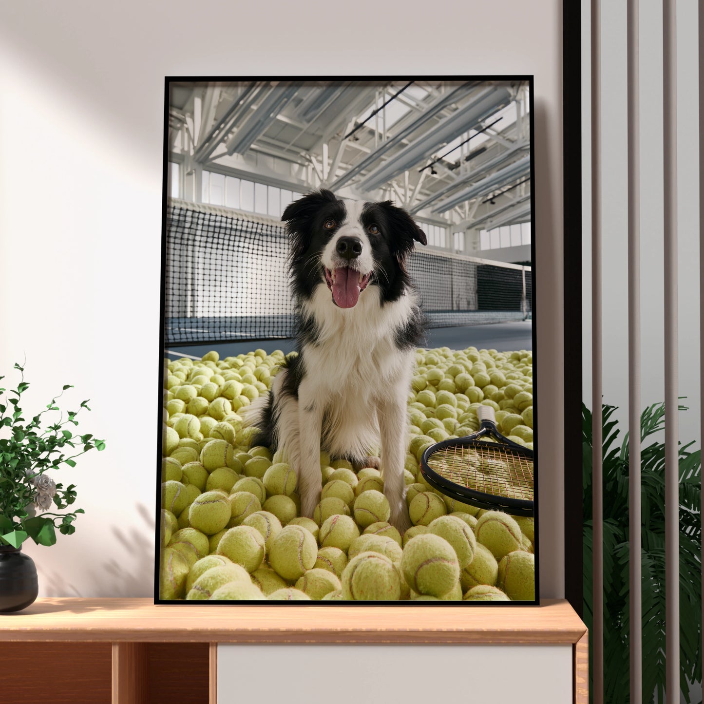 Border Collie Tennis Court Poster, Dog with Tennis Balls, Funny Pet Wall Art