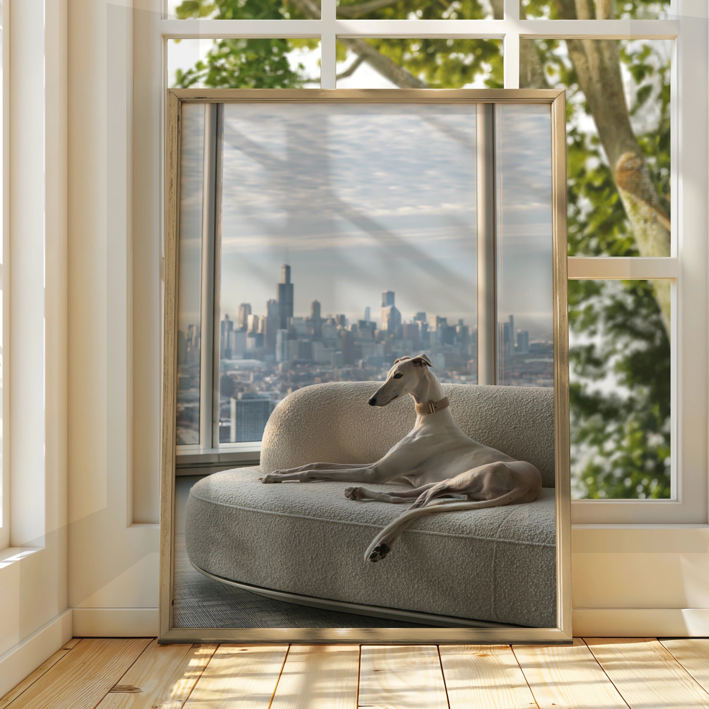 Greyhound on Sofa Chicago Skyline Poster, Elegant Dog Wall Art Print