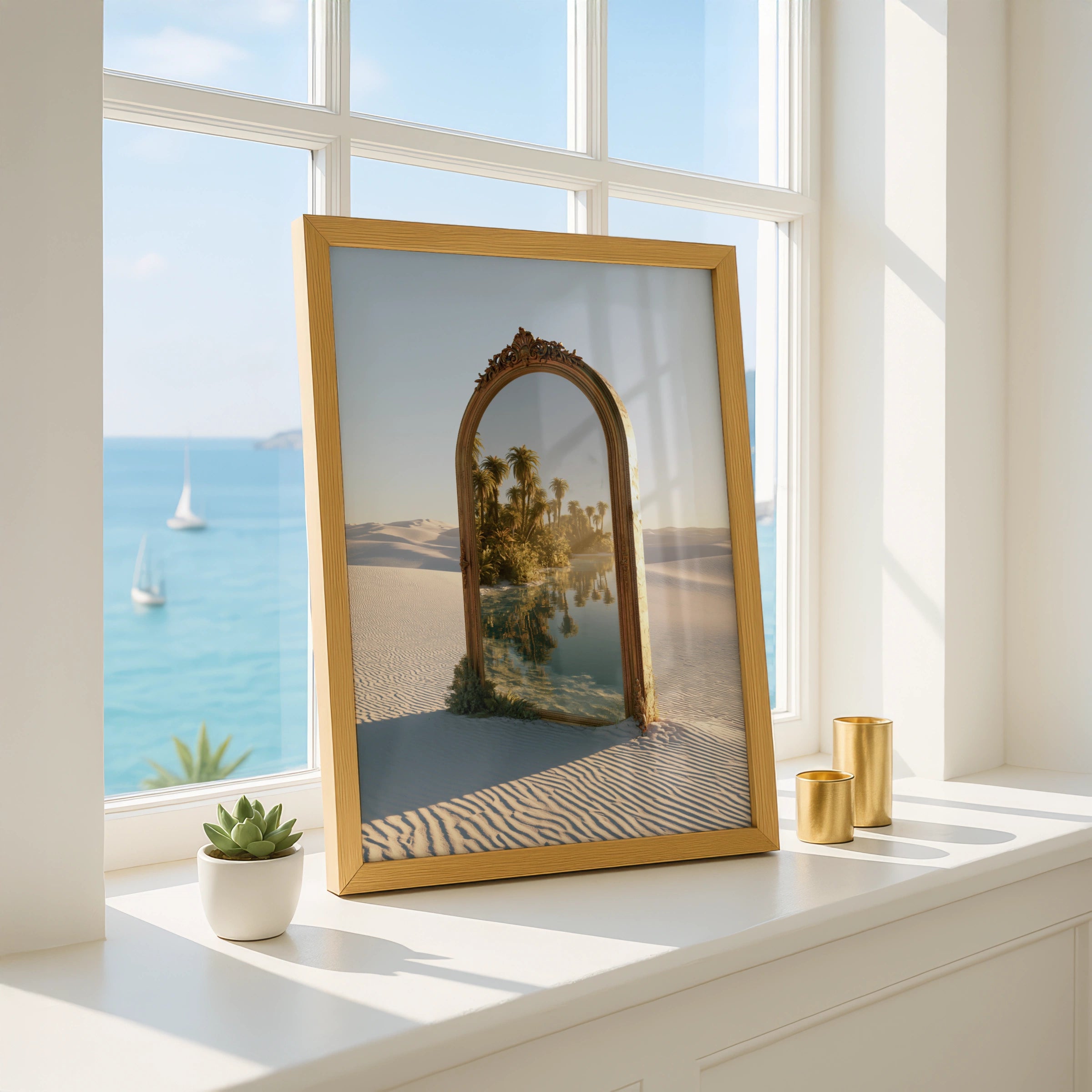 Desert Oasis Mirror Poster, Surreal Palm Tree Sand Dune Wall Art Print
