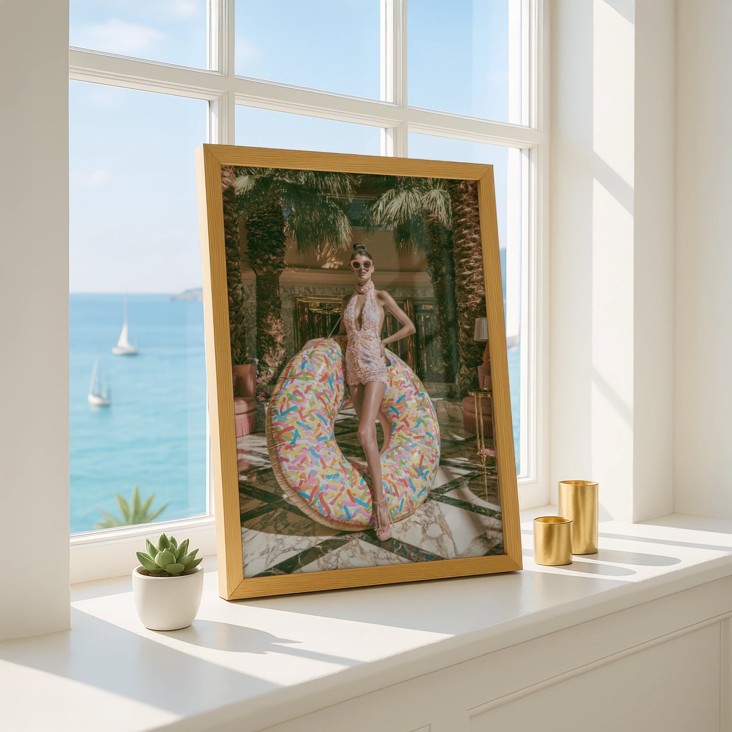 Glamour Woman Donut Float Hotel Lobby Poster, Luxury Fashion Wall Art