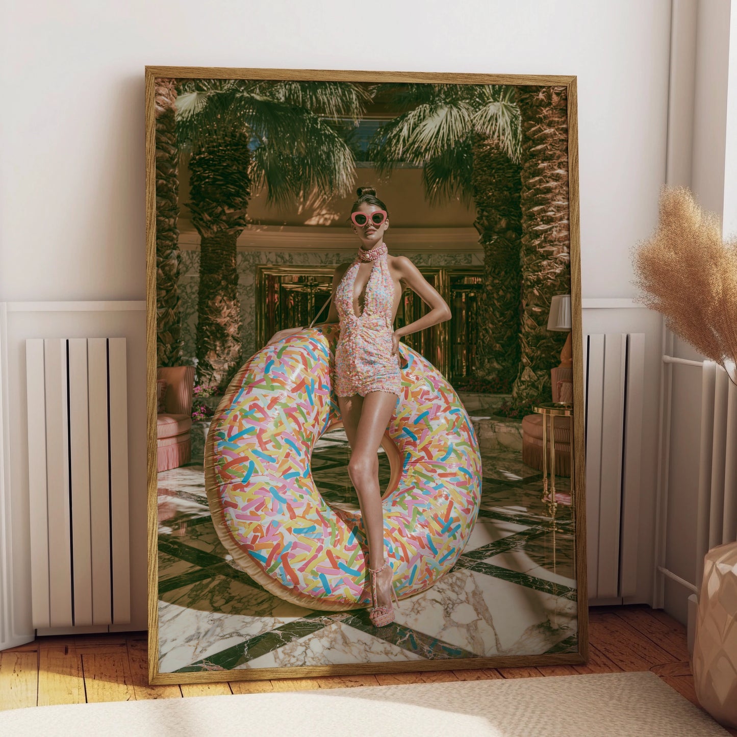 Glamour Woman Donut Float Hotel Lobby Poster, Luxury Fashion Wall Art