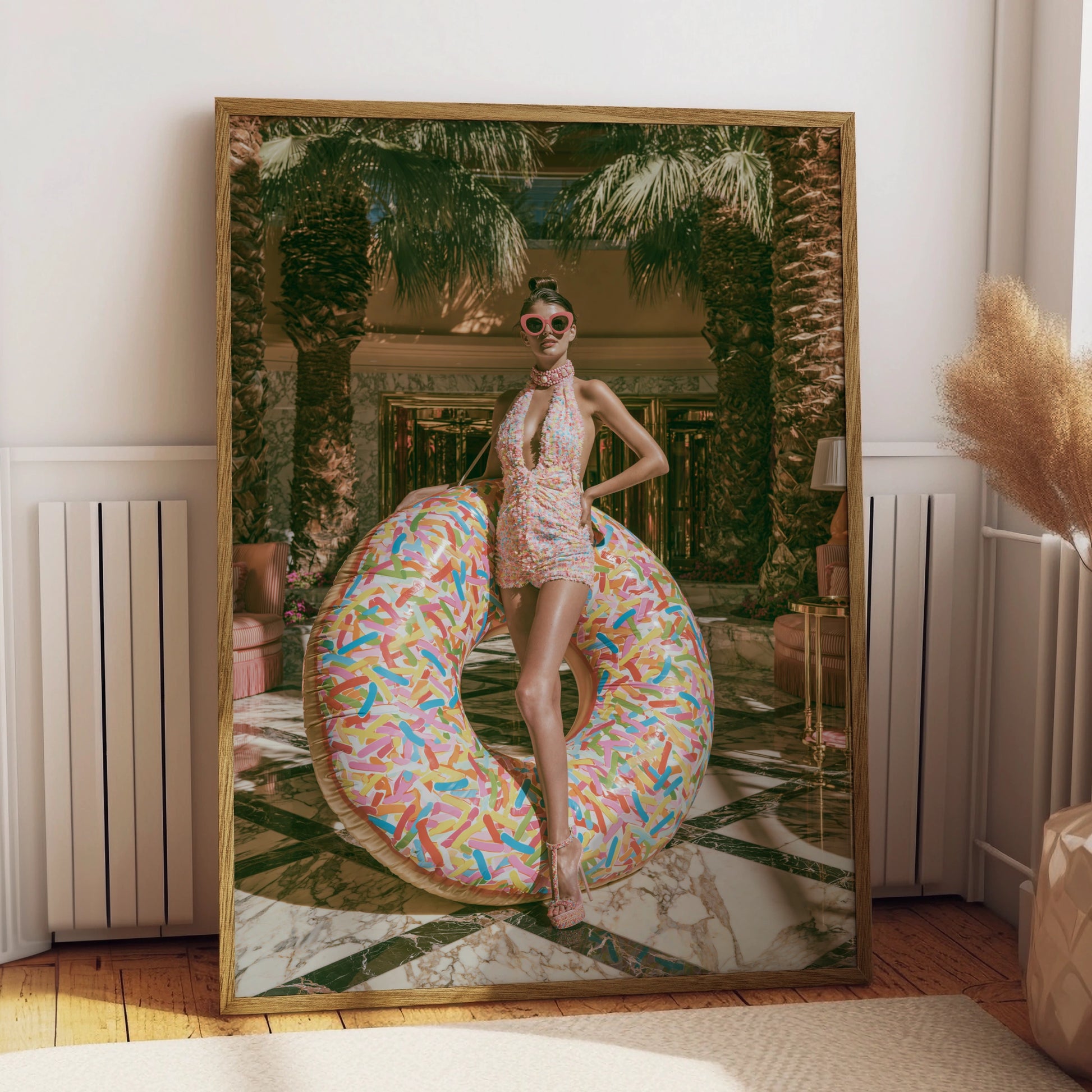 Glamour Woman Donut Float Hotel Lobby Poster, Luxury Fashion Wall Art