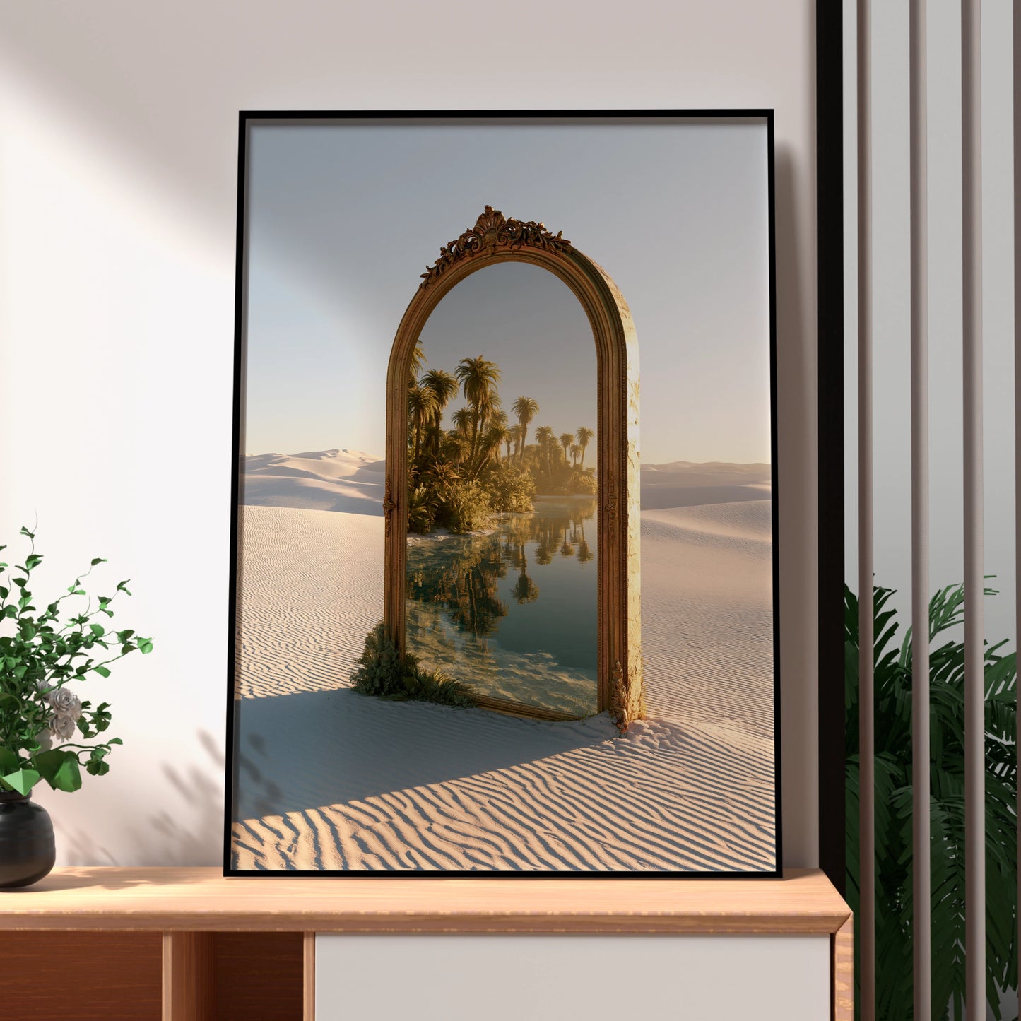 Desert Oasis Mirror Poster, Surreal Palm Tree Sand Dune Wall Art Print