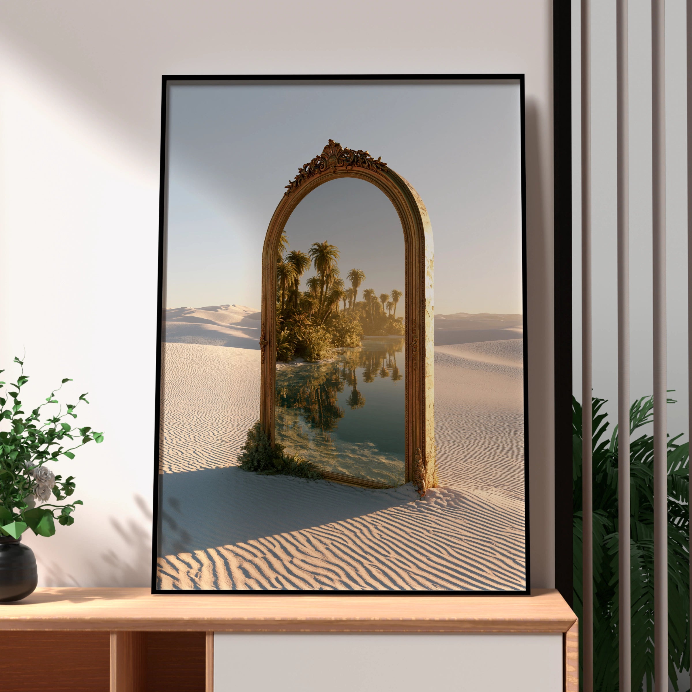 Desert Oasis Mirror Poster, Surreal Palm Tree Sand Dune Wall Art Print