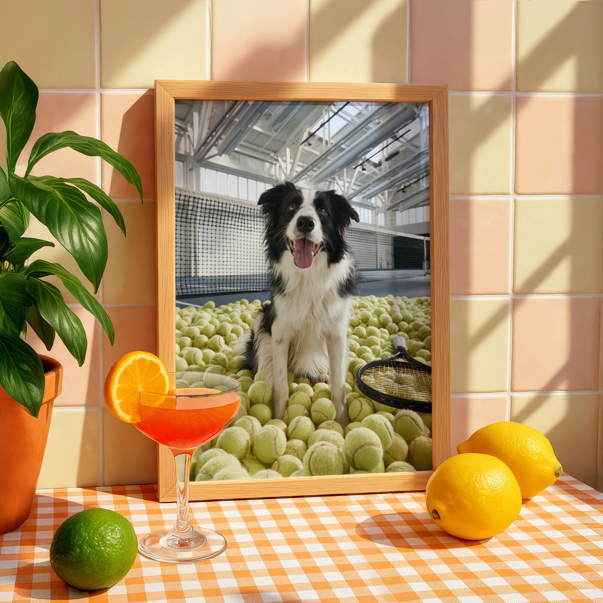 Border Collie Tennis Court Poster, Dog with Tennis Balls, Funny Pet Wall Art