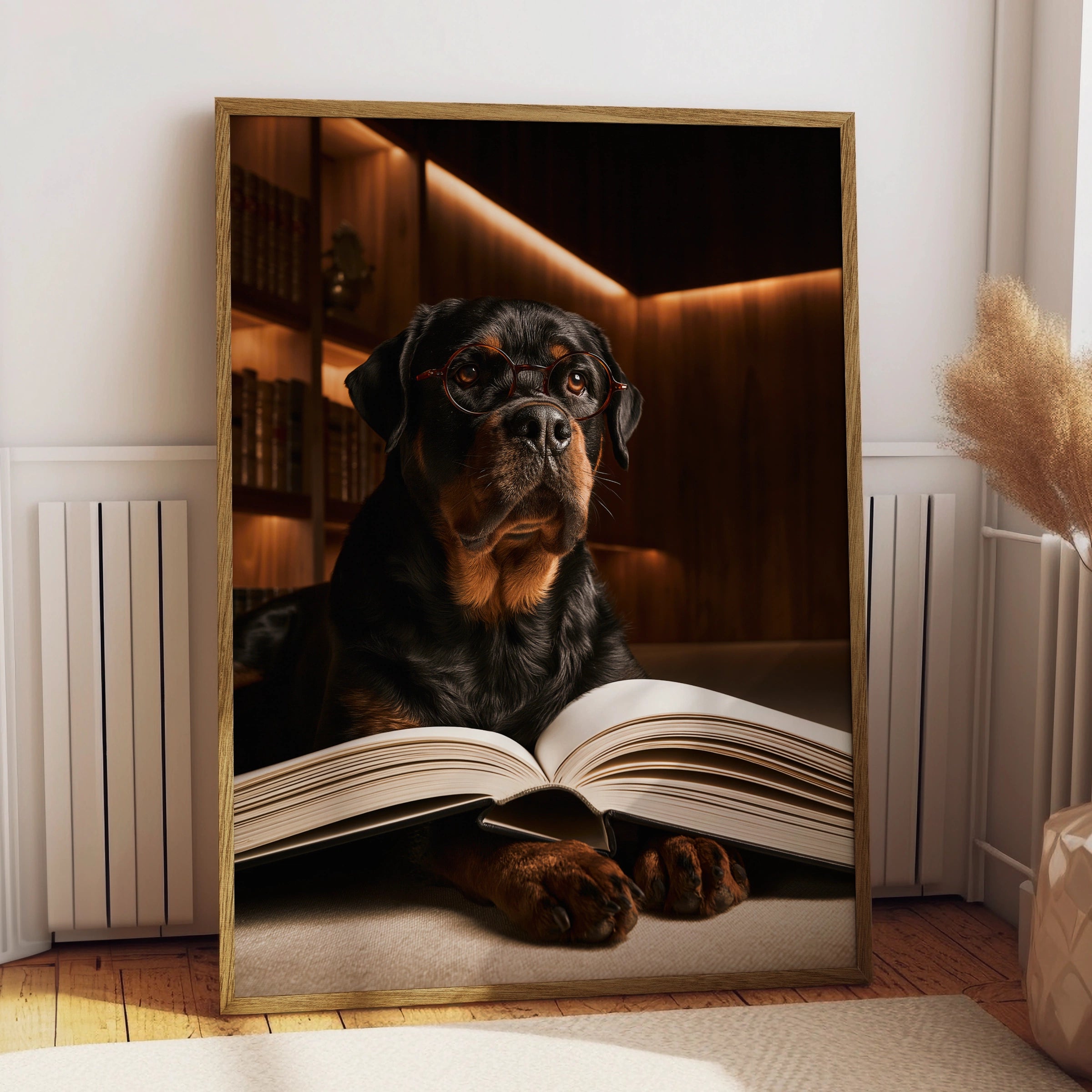 Rottweiler Reading a Book Wall Art Poster, Funny Dog Library Print