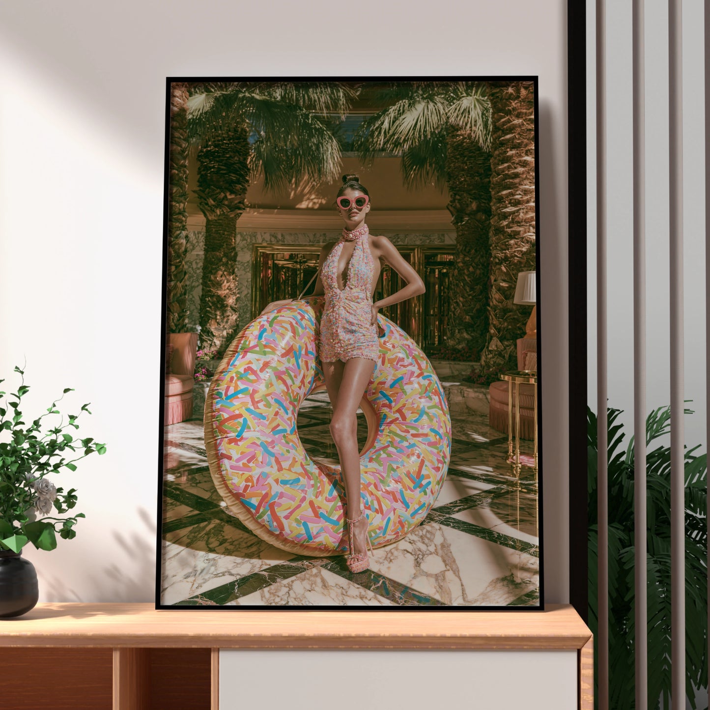 Glamour Woman Donut Float Hotel Lobby Poster, Luxury Fashion Wall Art