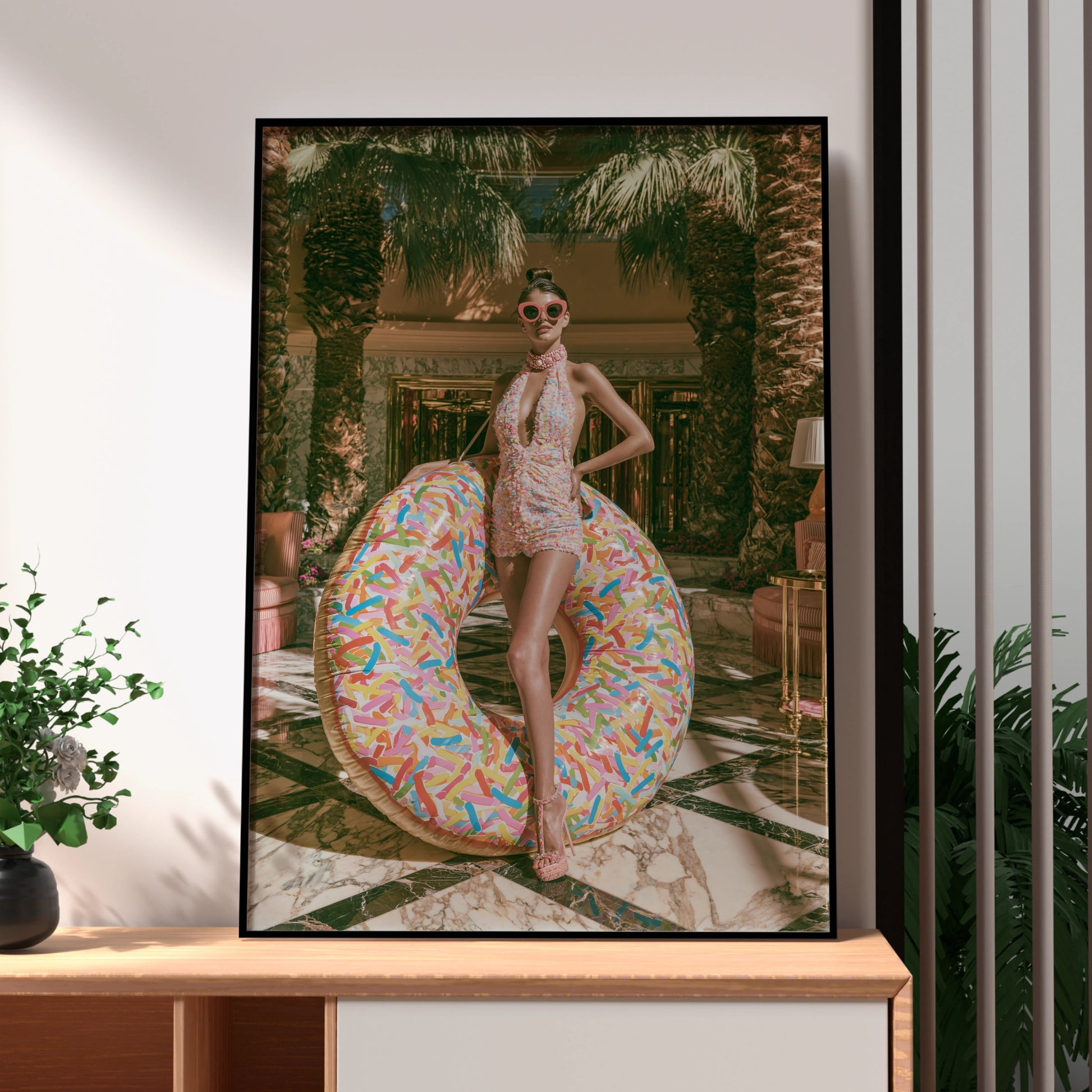 Glamour Woman Donut Float Hotel Lobby Poster, Luxury Fashion Wall Art