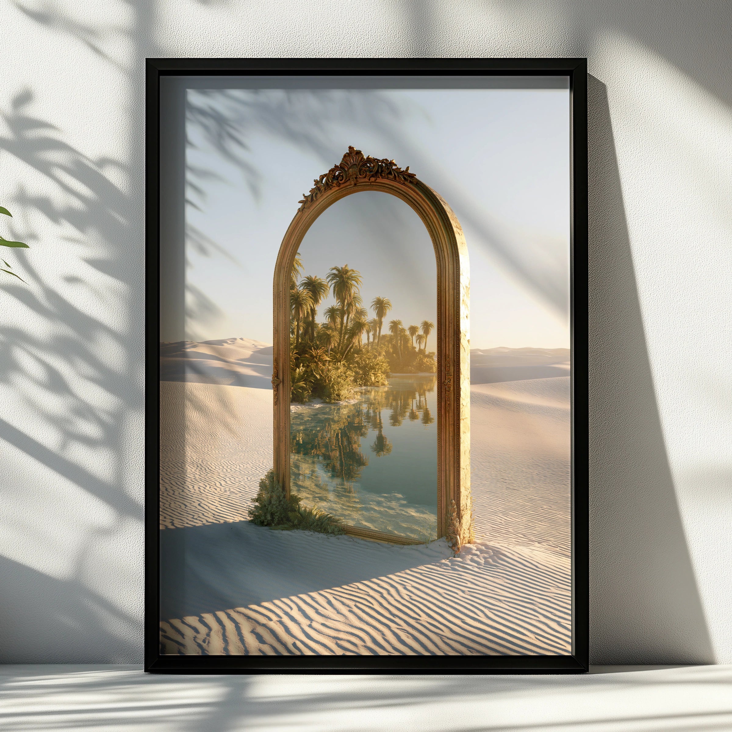 Desert Oasis Mirror Poster, Surreal Palm Tree Sand Dune Wall Art Print