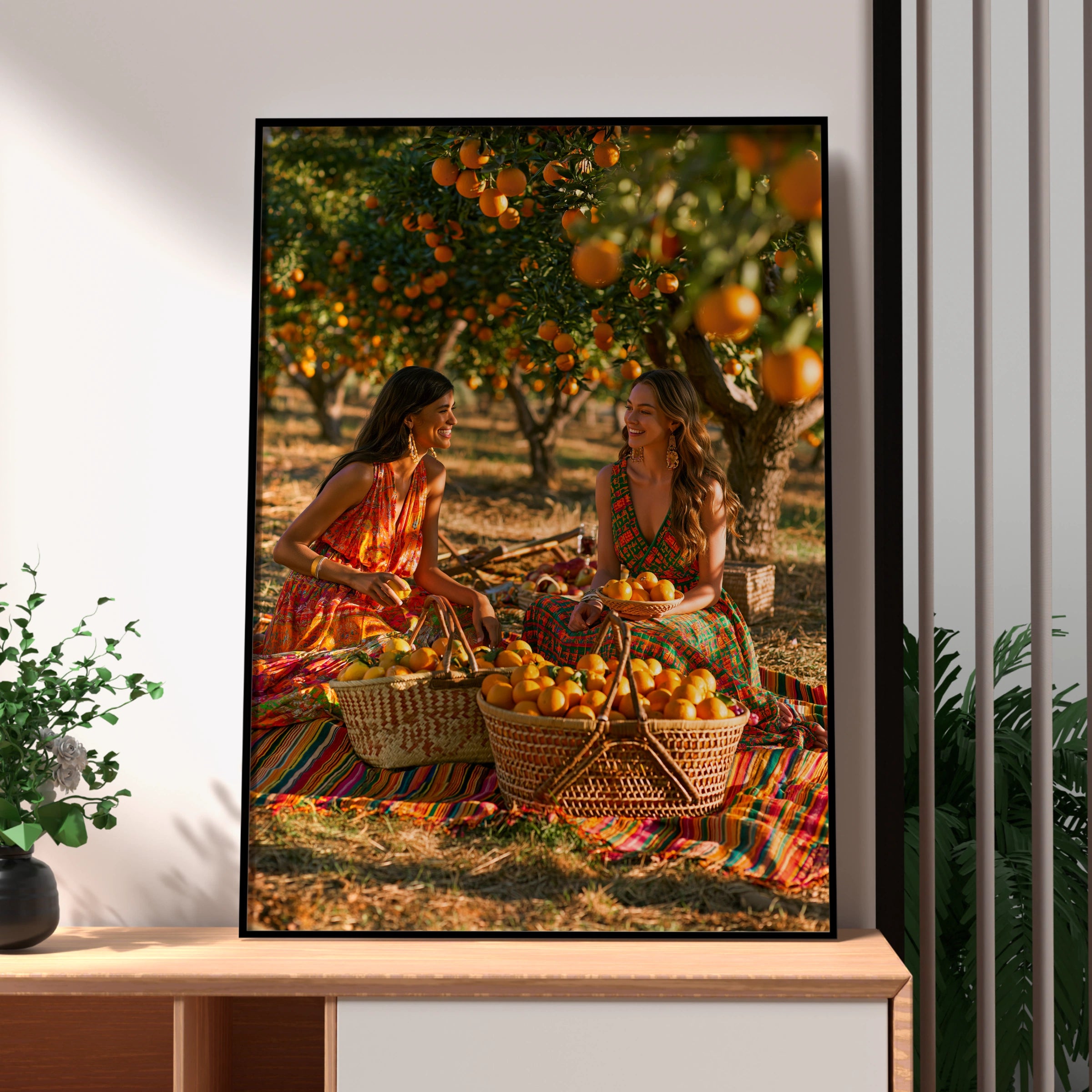 Women in Orange Grove Wall Art Poster, Boho Summer Print, Vibrant Orchard Scene