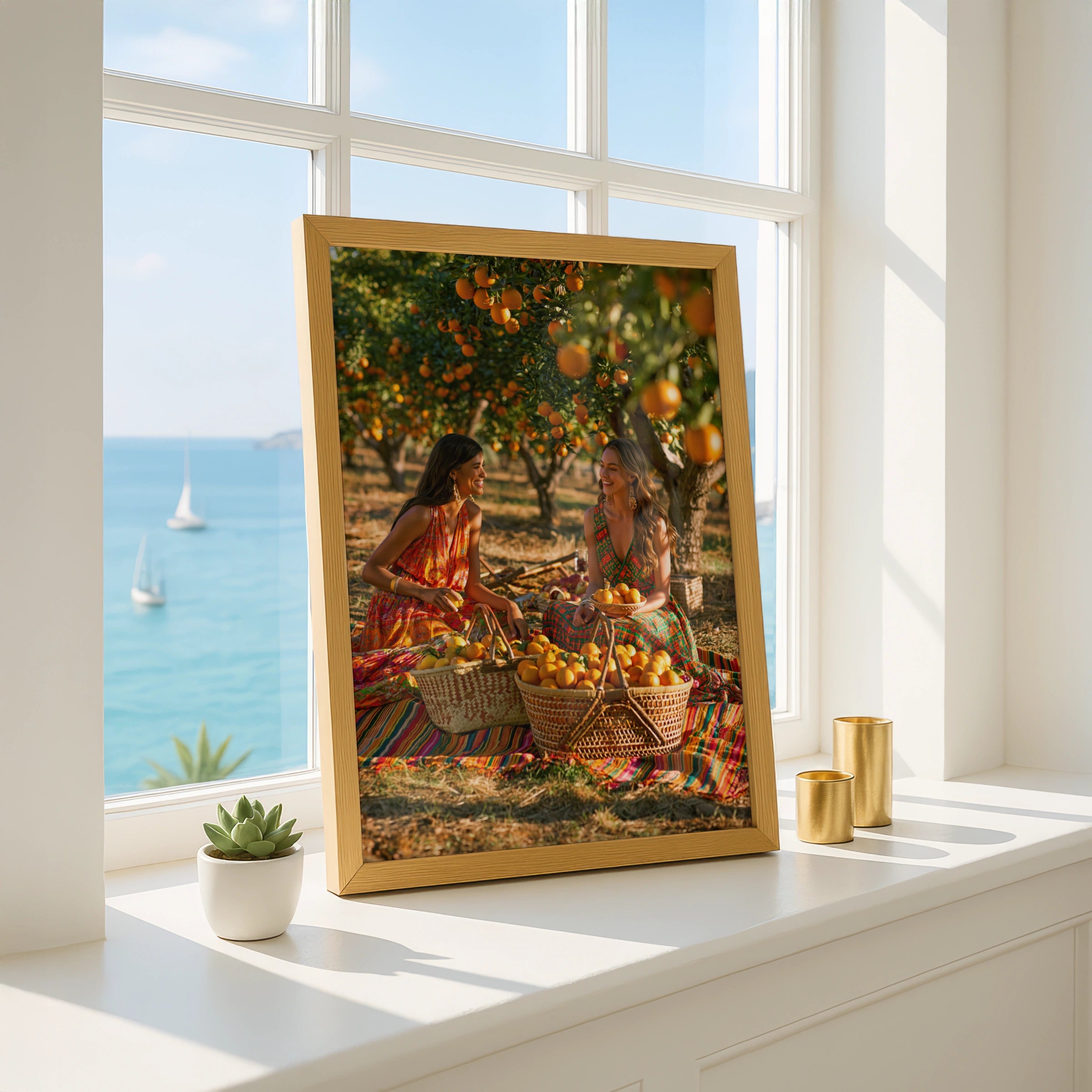 Women in Orange Grove Wall Art Poster, Boho Summer Print, Vibrant Orchard Scene