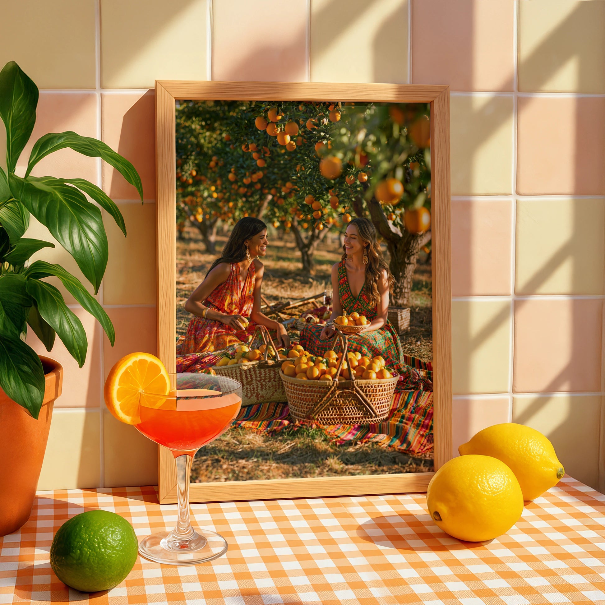 Women in Orange Grove Wall Art Poster, Boho Summer Print, Vibrant Orchard Scene