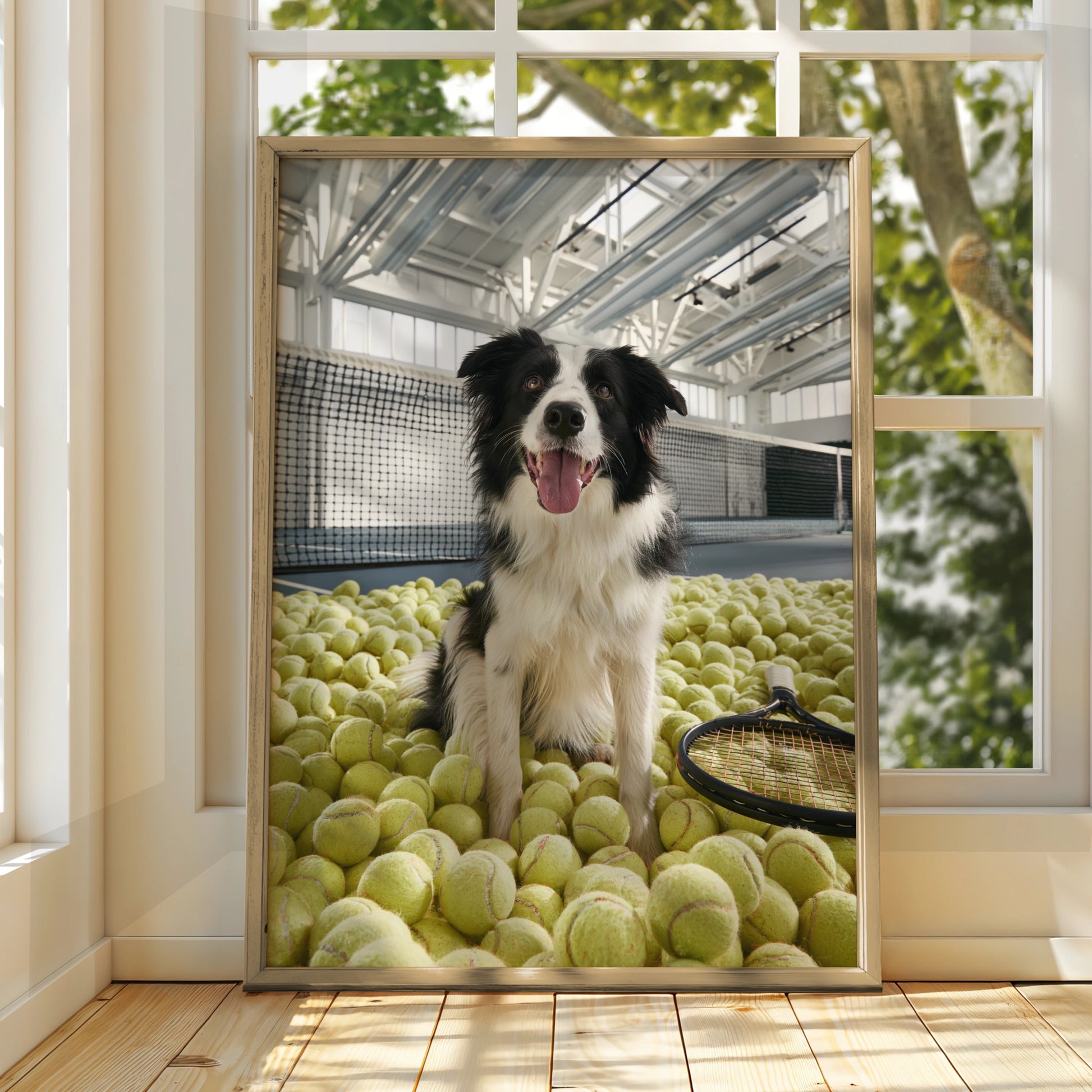 Border Collie Tennis Court Poster, Dog with Tennis Balls, Funny Pet Wall Art