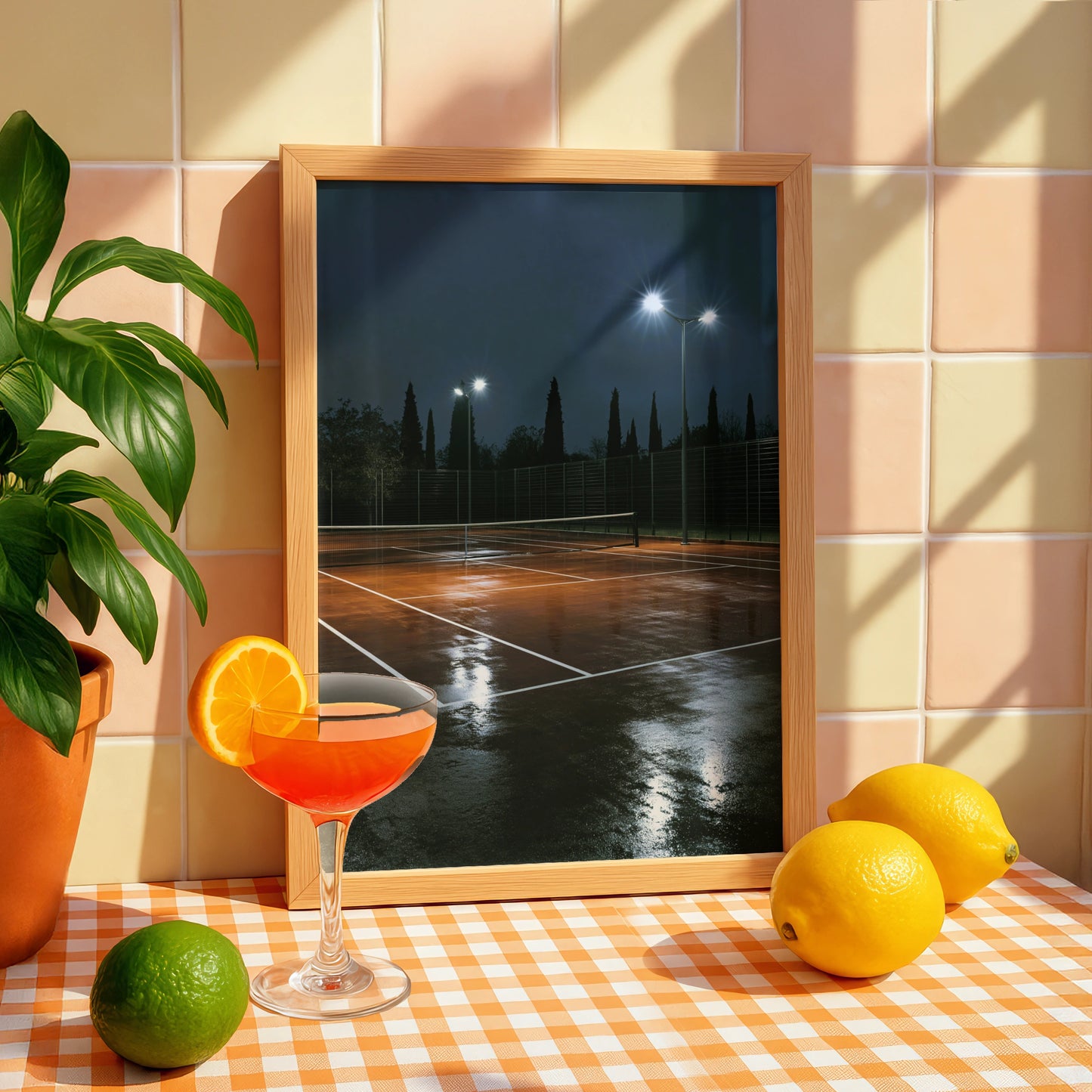 Tennis Court at Night Poster, Wet Clay Court Print, Moody Sport Wall Art