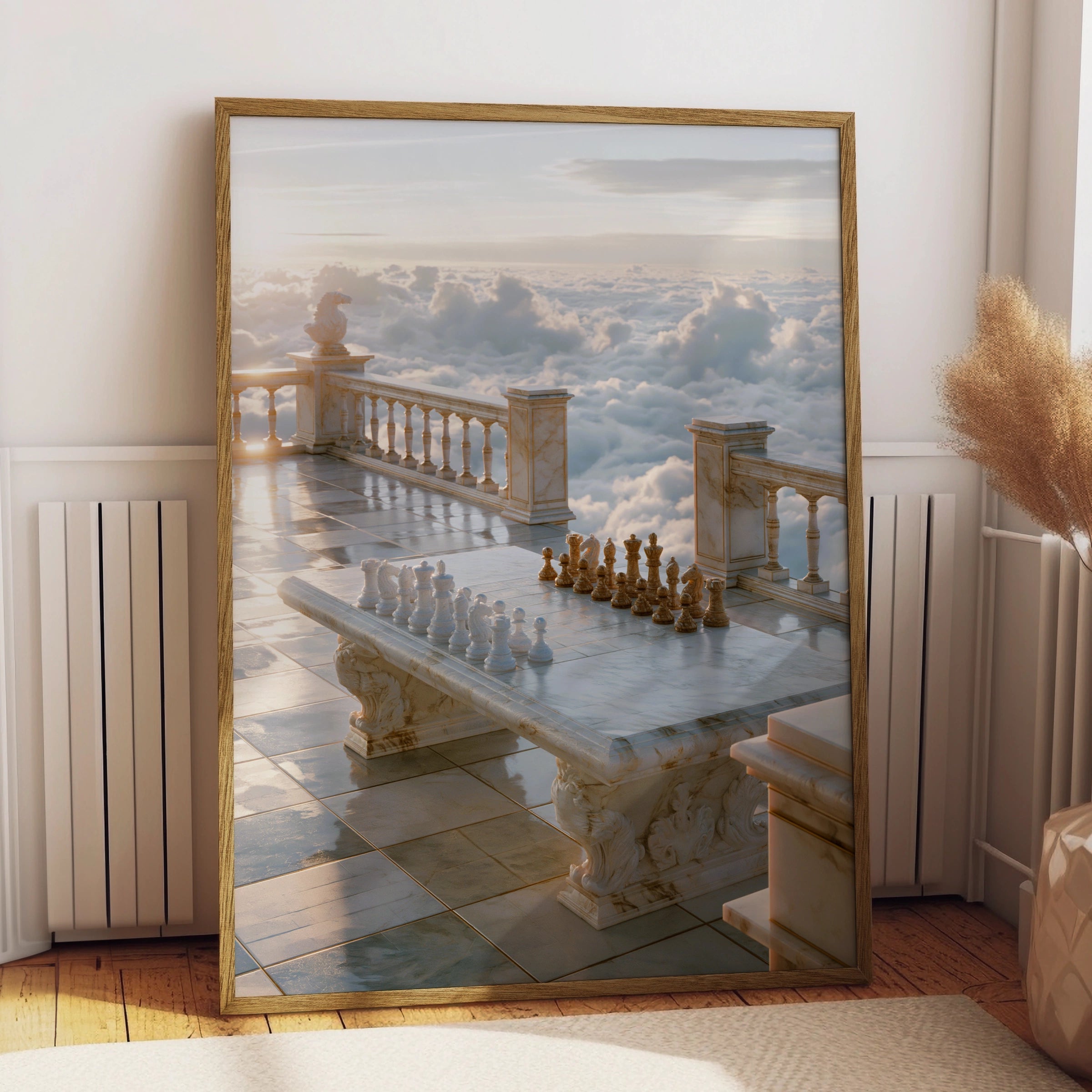 Chess Above the Clouds, Marble Terrace Wall Art Poster, Surreal Sky Print