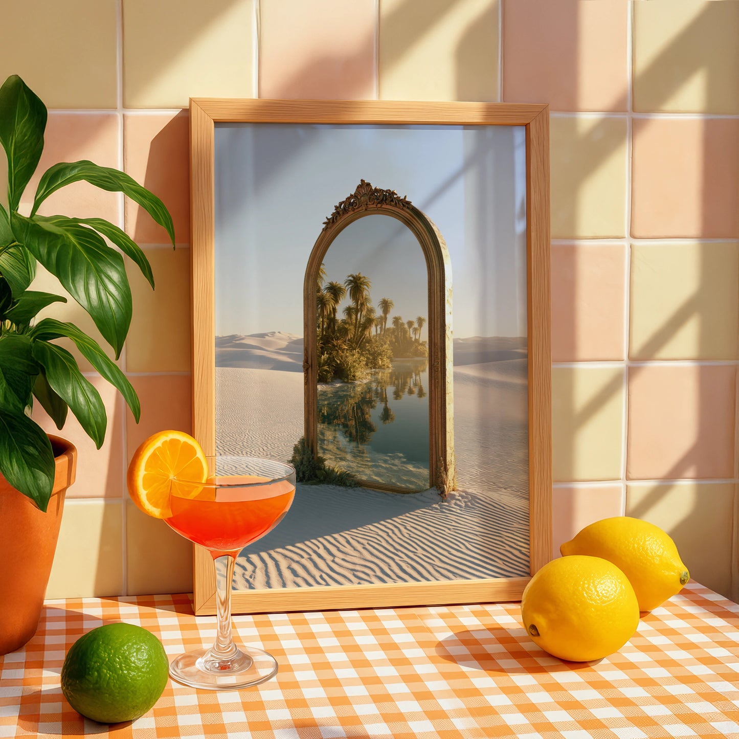 Desert Oasis Mirror Poster, Surreal Palm Tree Sand Dune Wall Art Print