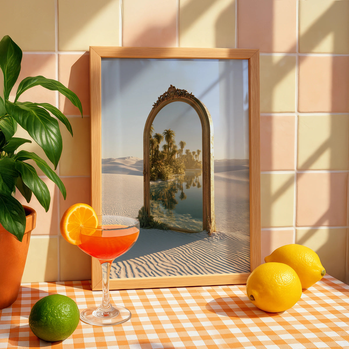 Desert Oasis Mirror Poster, Surreal Palm Tree Sand Dune Wall Art Print