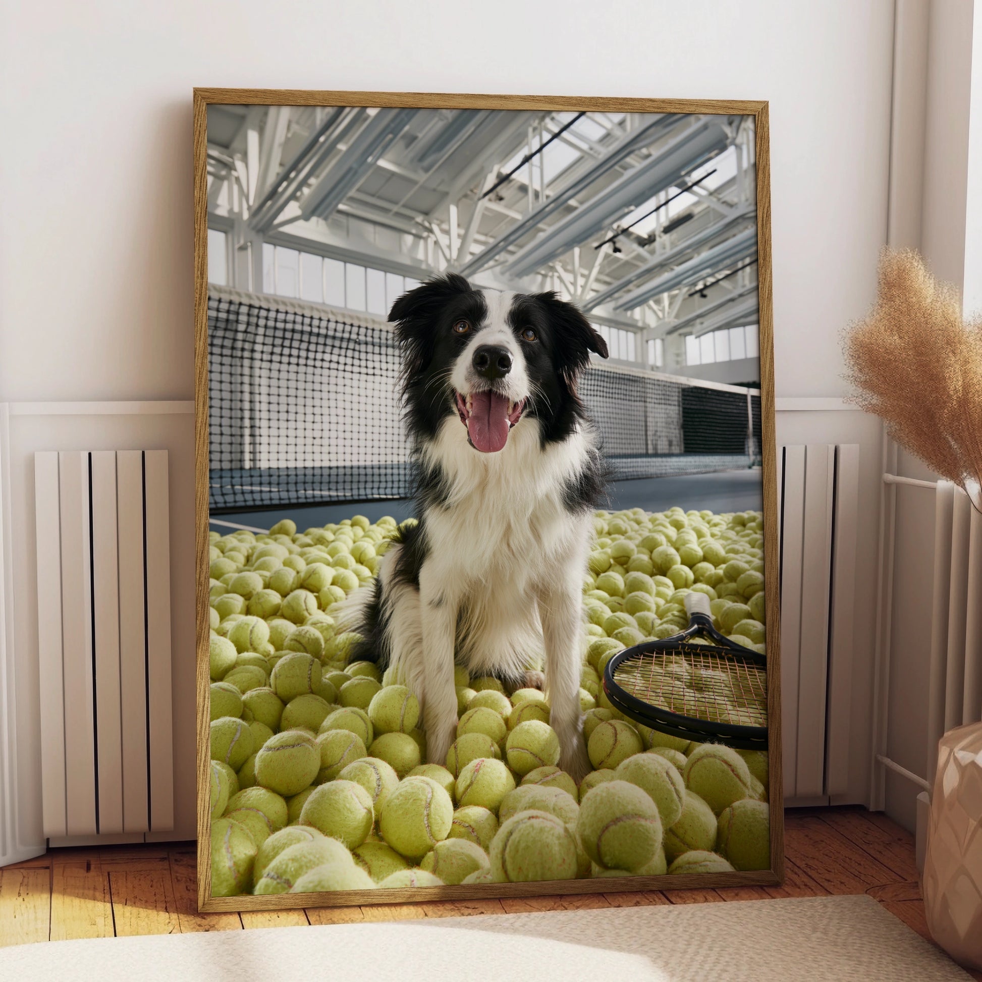 Border Collie Tennis Court Poster, Dog with Tennis Balls, Funny Pet Wall Art