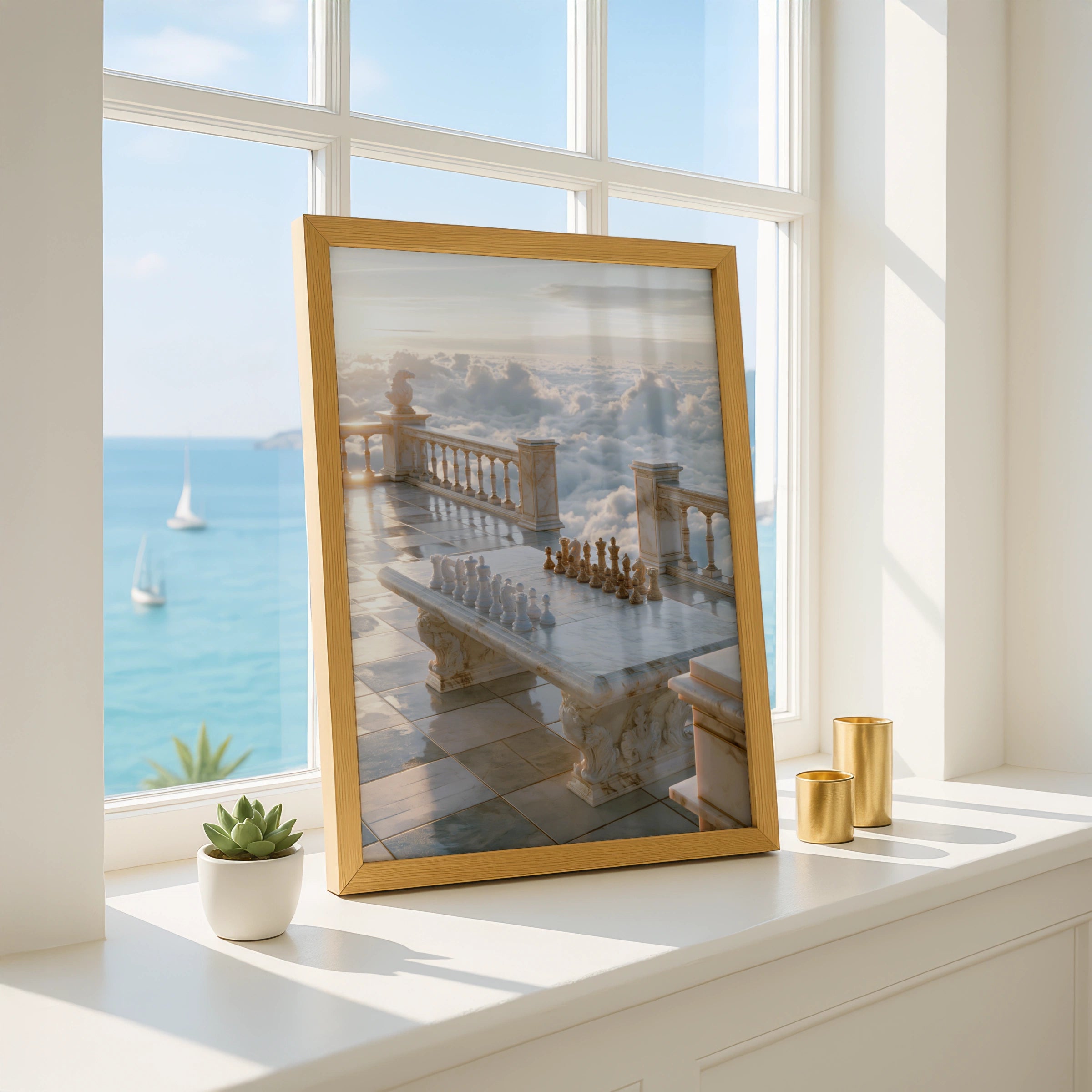 Chess Above the Clouds, Marble Terrace Wall Art Poster, Surreal Sky Print