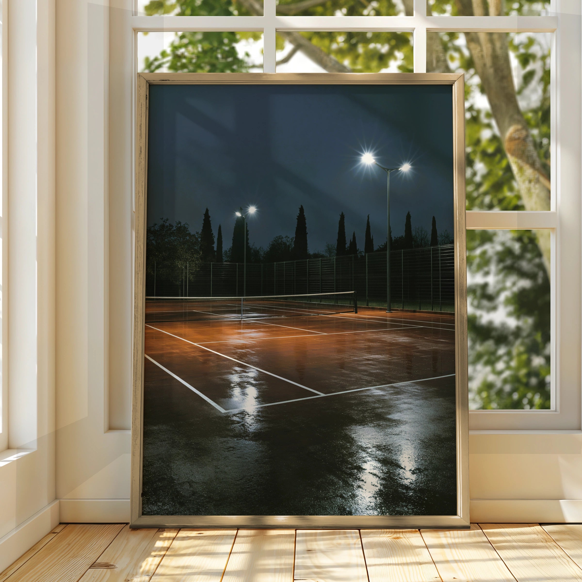 Tennis Court at Night Poster, Wet Clay Court Print, Moody Sport Wall Art