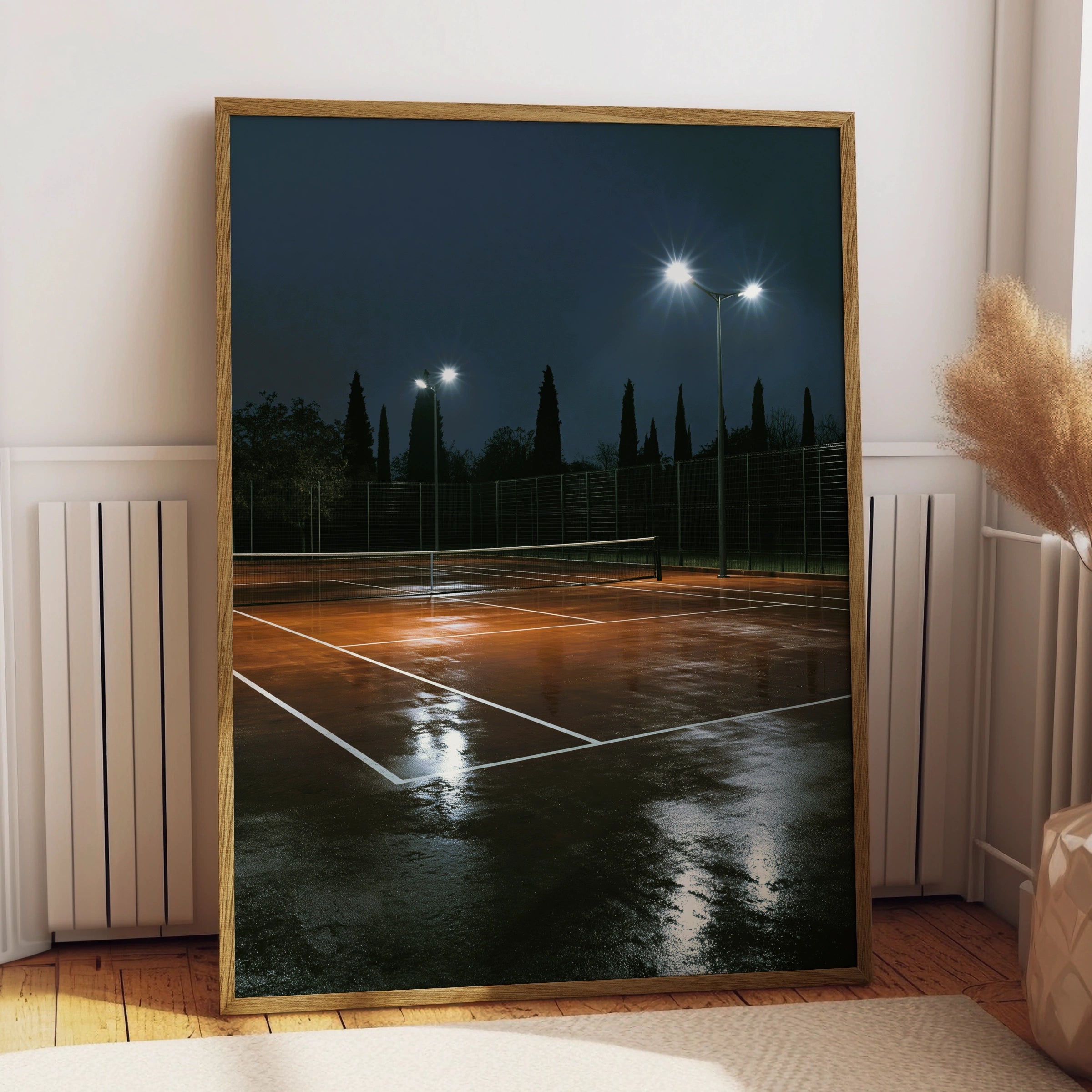 Tennis Court at Night Poster, Wet Clay Court Print, Moody Sport Wall Art