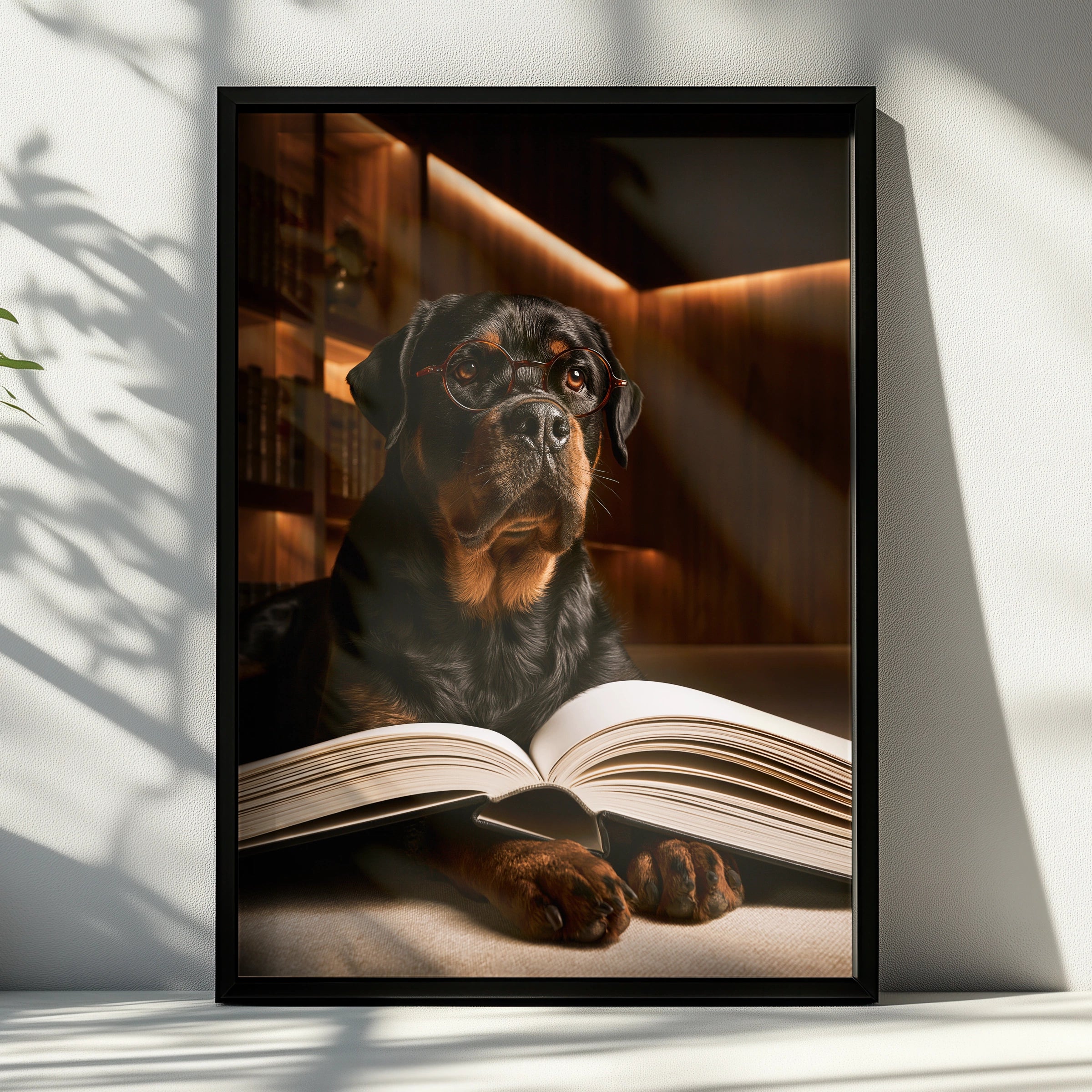 Rottweiler Reading a Book Wall Art Poster, Funny Dog Library Print