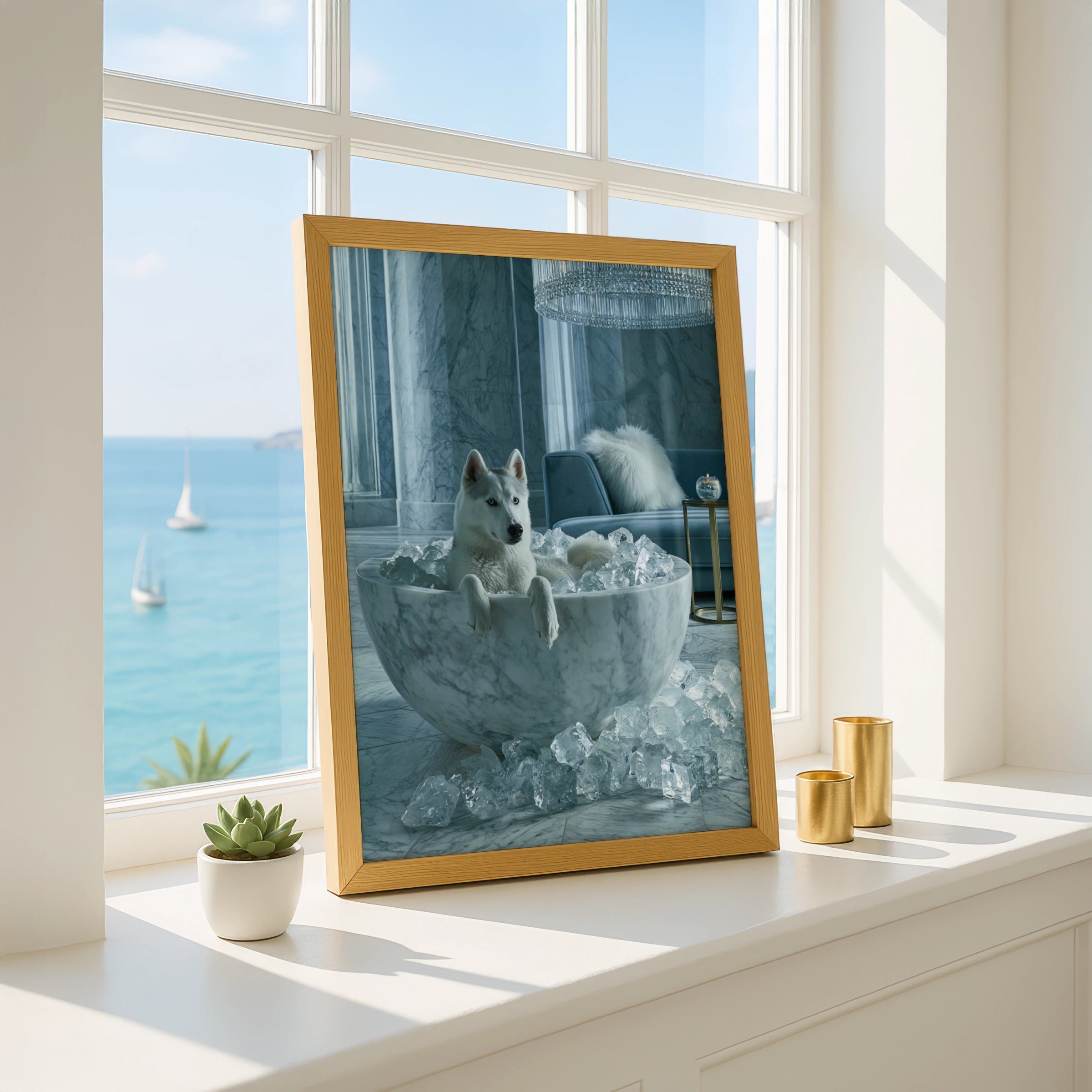Husky in Marble Ice Bath Poster, Luxury Dog Wall Art, Cool Blue Print